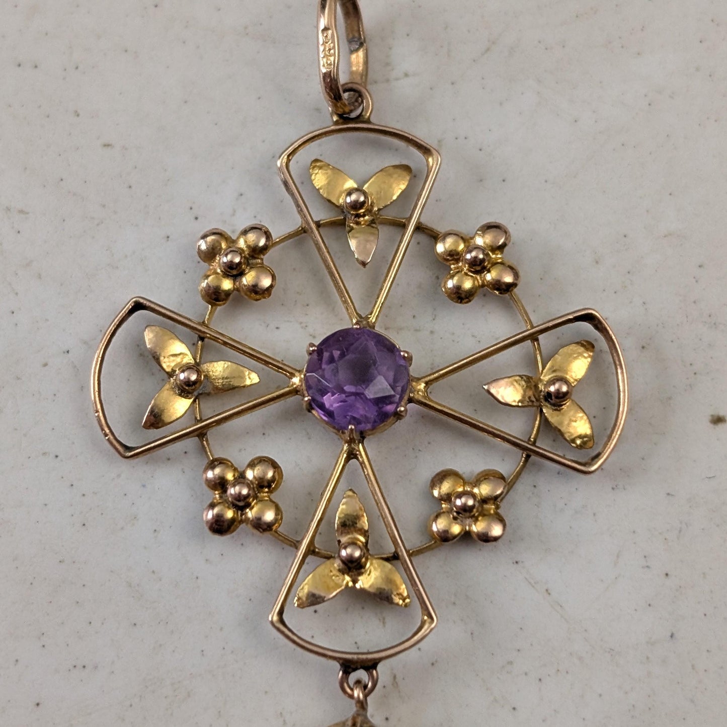 Antique Edwardian 10k Yellow Gold Amethyst Lavalier Pendant