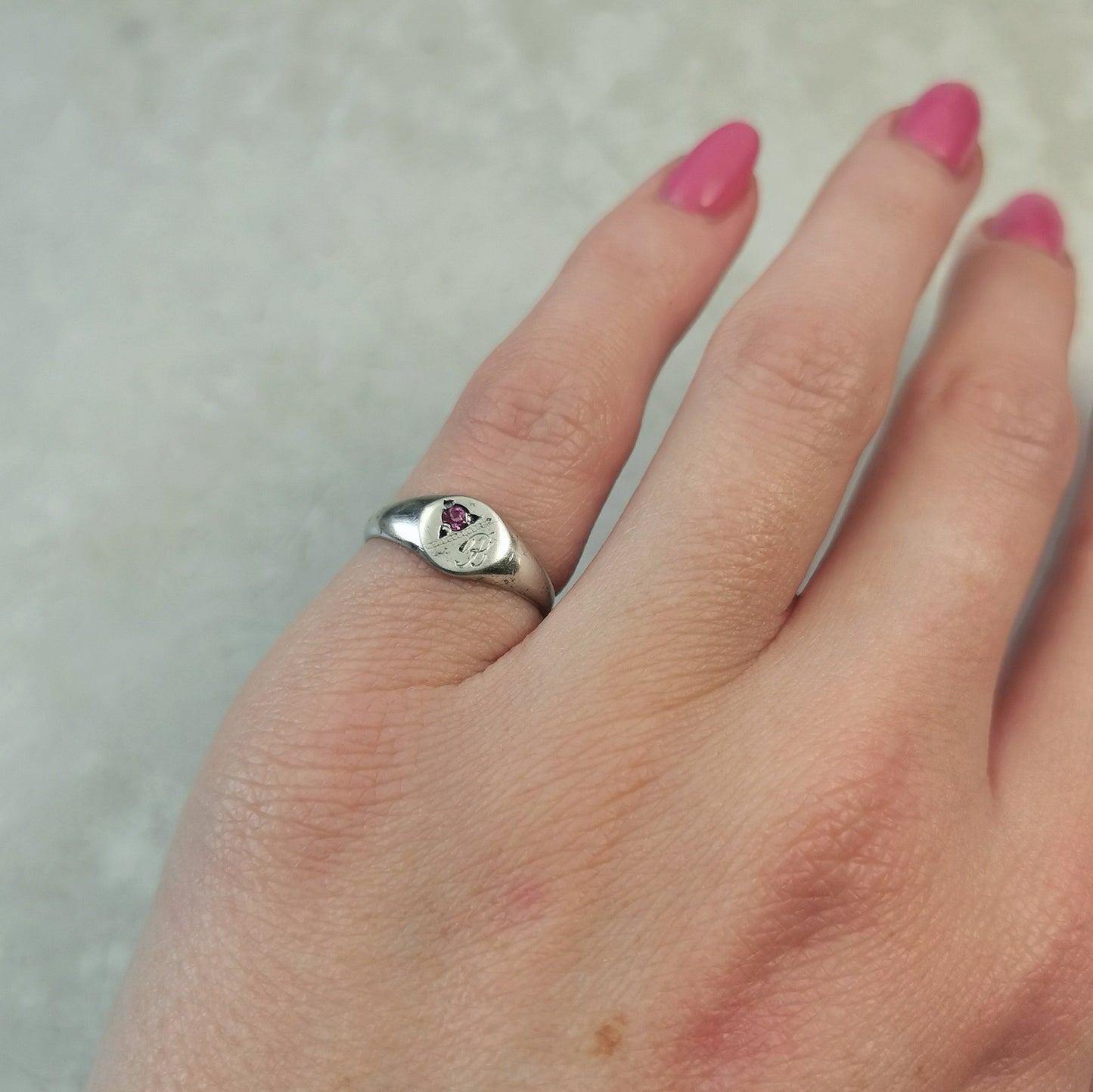 Vintage Sterling Silver Signet Pinky Ring - Initial B with Pink Gem