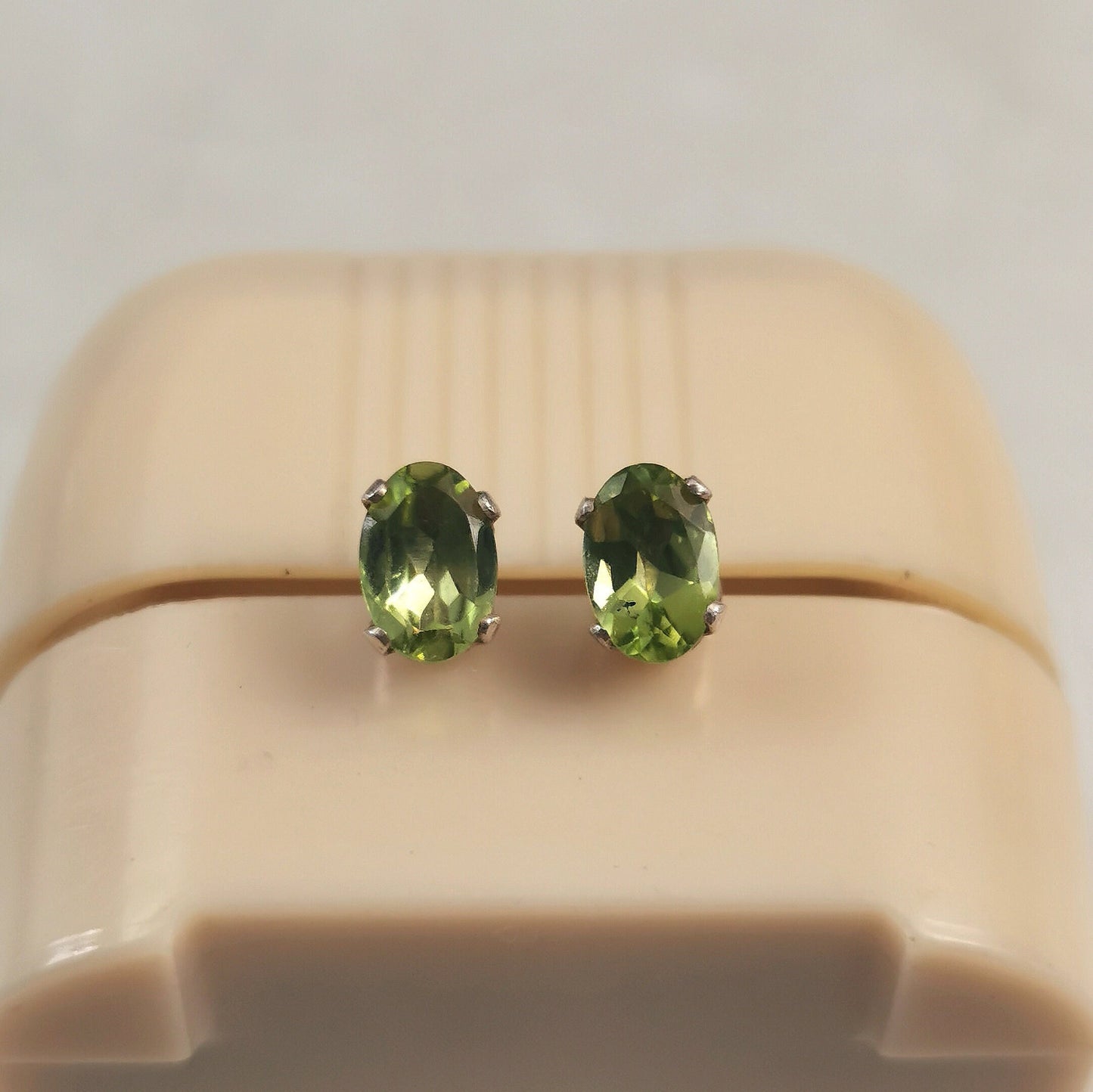 Estate Sterling Silver and Genuine Peridot Stud Earrings - Oval Peridot August Birthstone Earrings