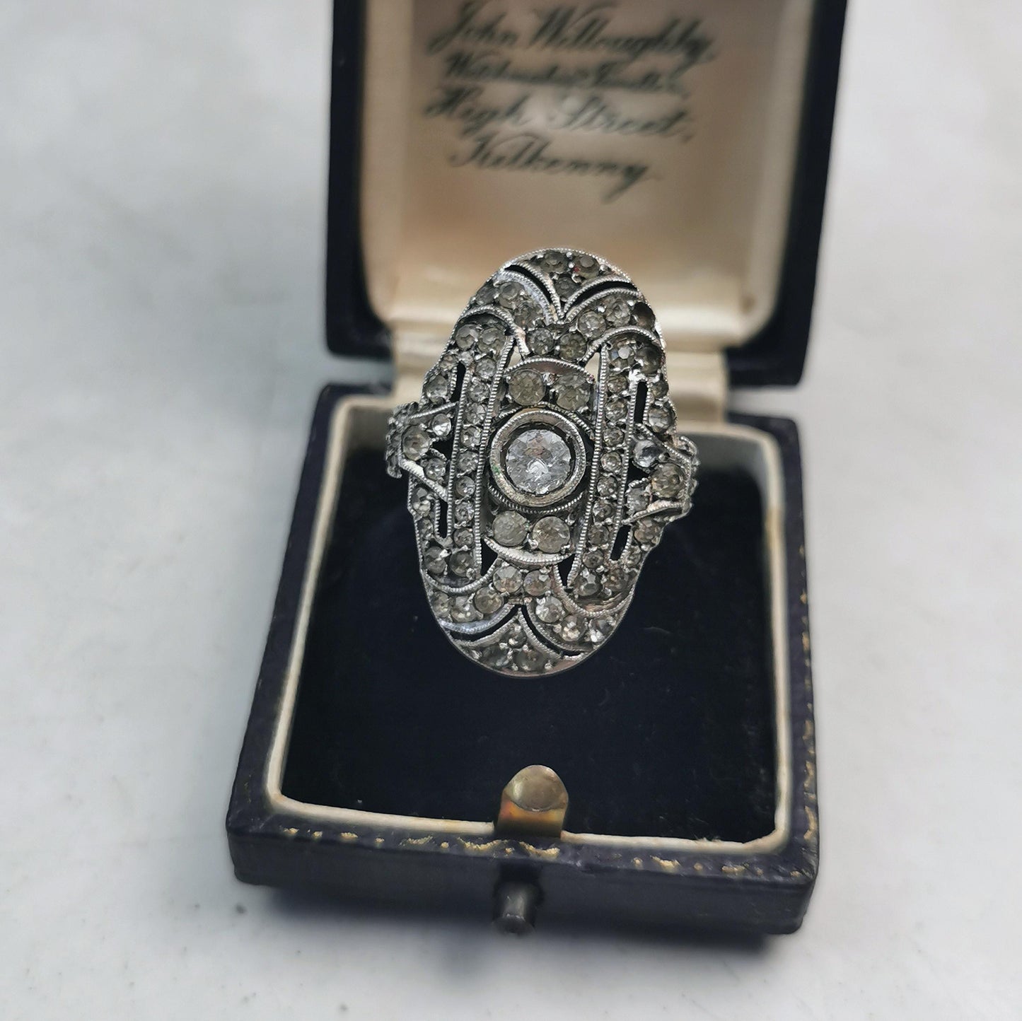 Birks Art Deco Sterling Silver & Paste Large Statement Rhinestone Ring