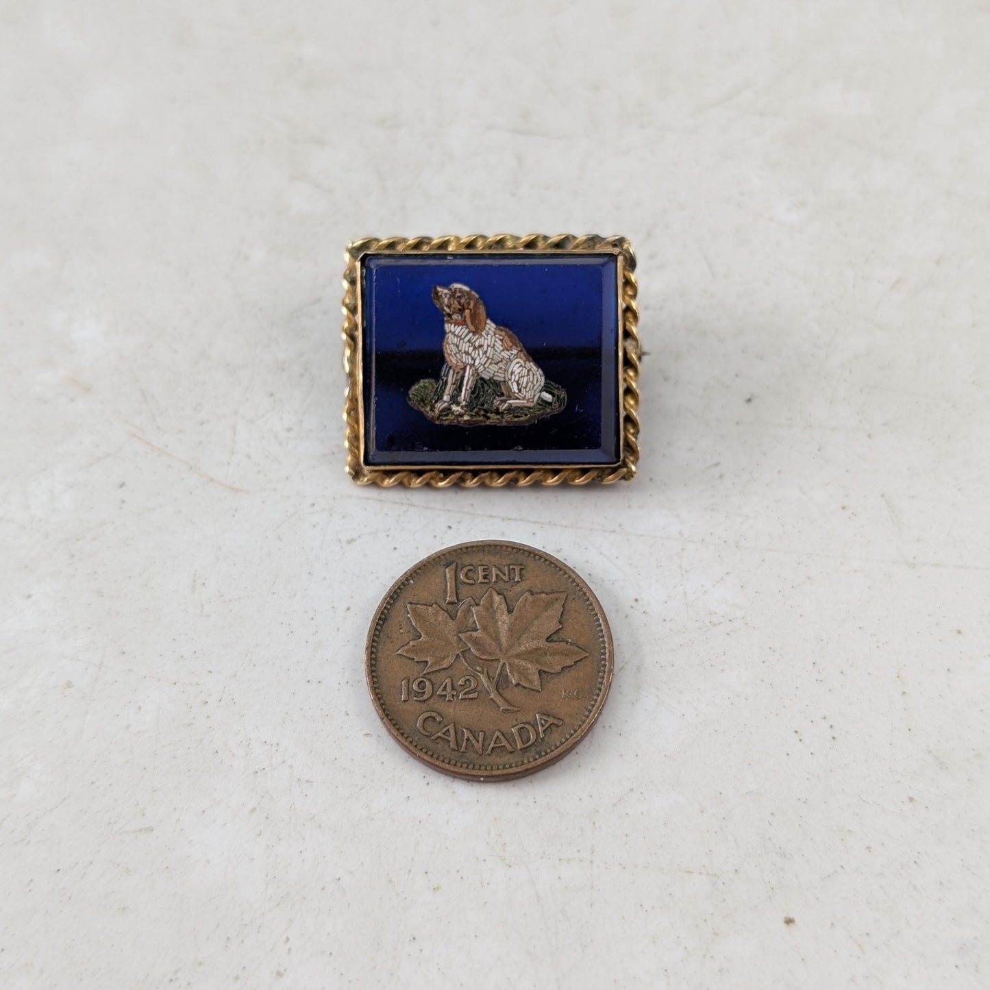 Victorian Gold Plated Micro Mosaic Dog Brooch