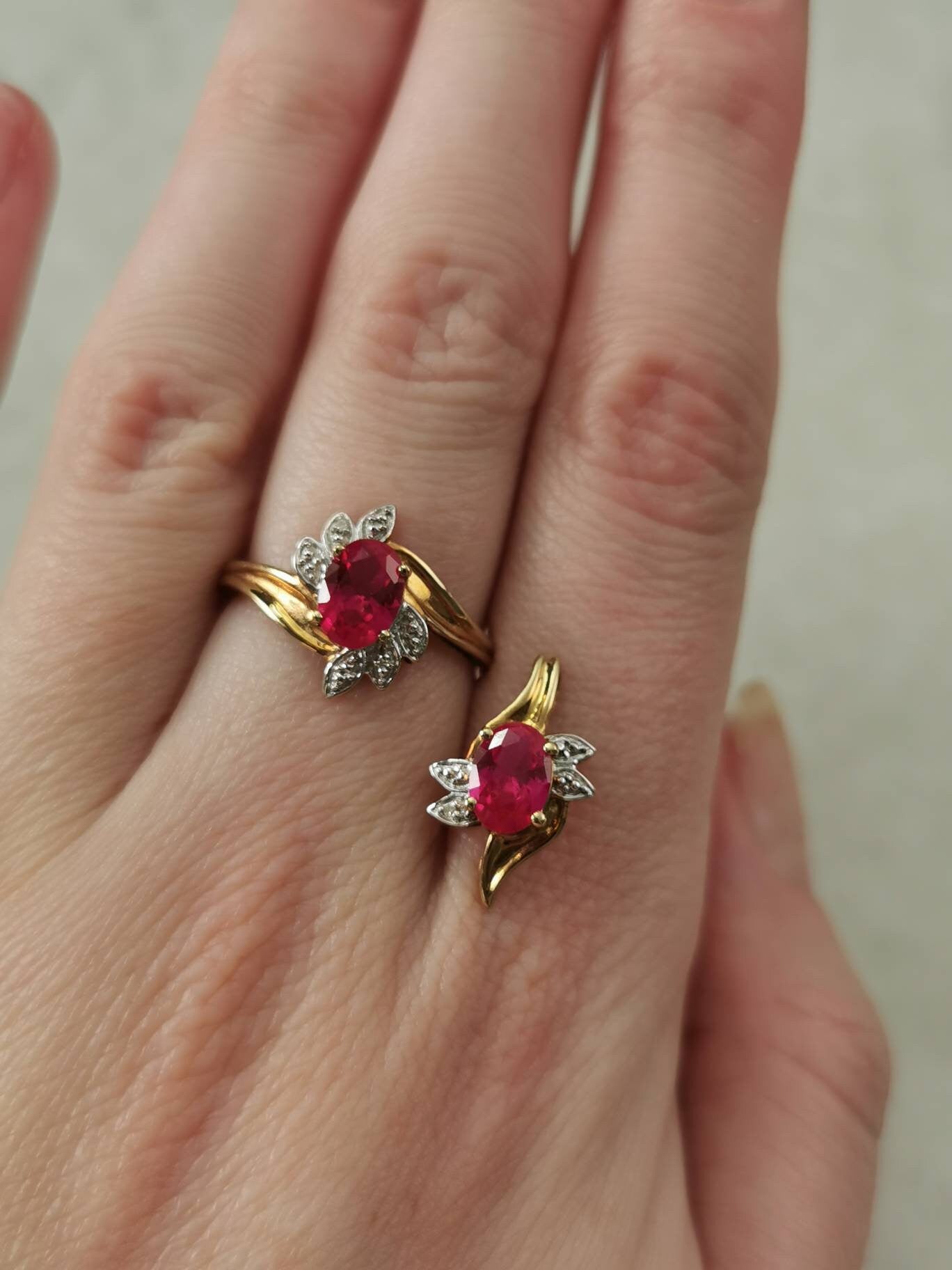 Estate 10k Yellow Gold Lab Ruby and Diamond Ring and Pendant Set