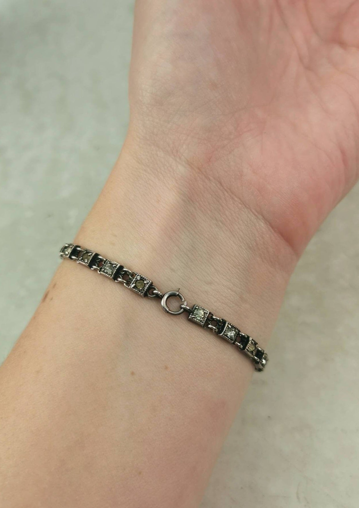 Antique Art Deco Sterling Silver & Paste Rhinestone Filigree Line Bracelet