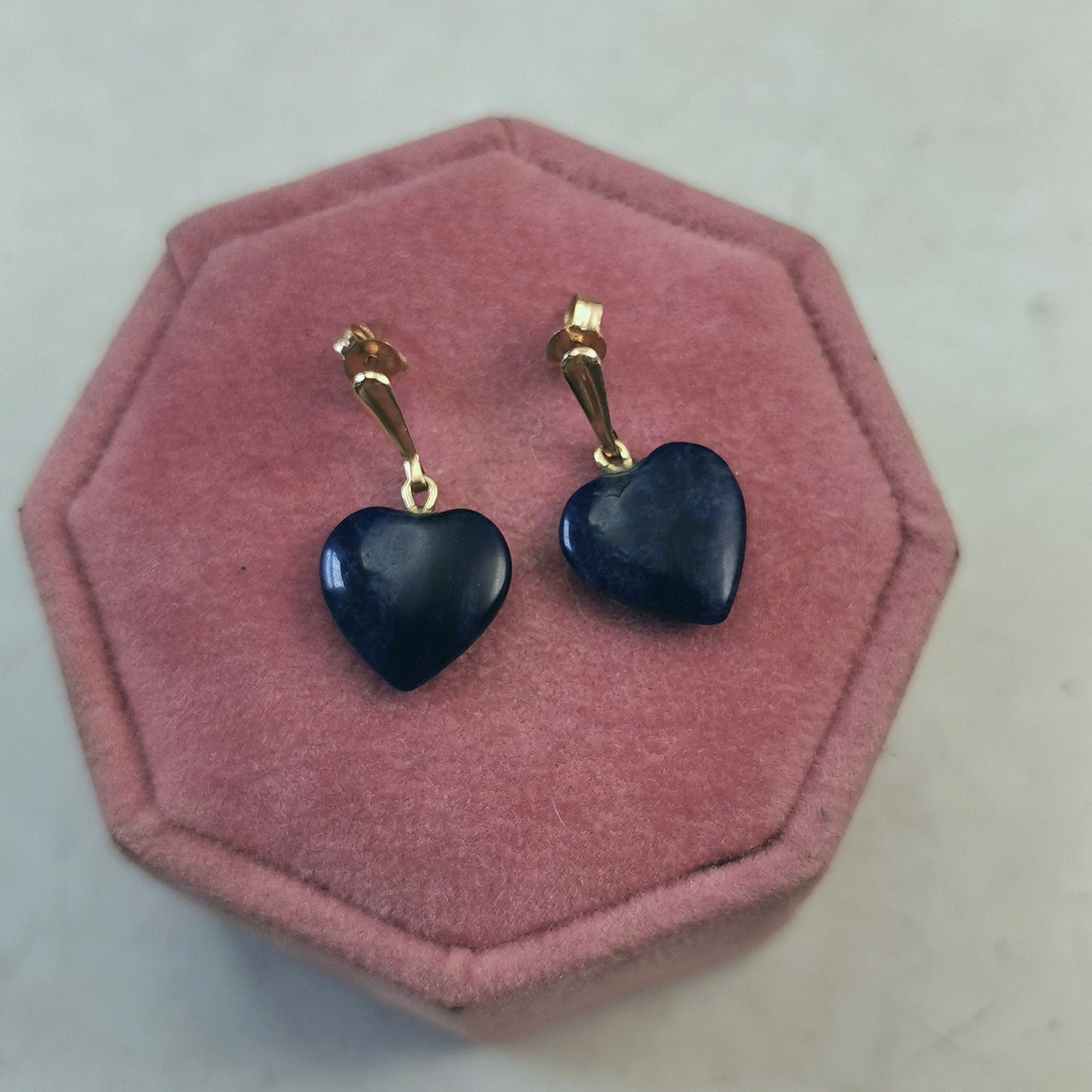 Vintage 14k Yellow Gold Sodalite Heart Dangle Stud Earrings