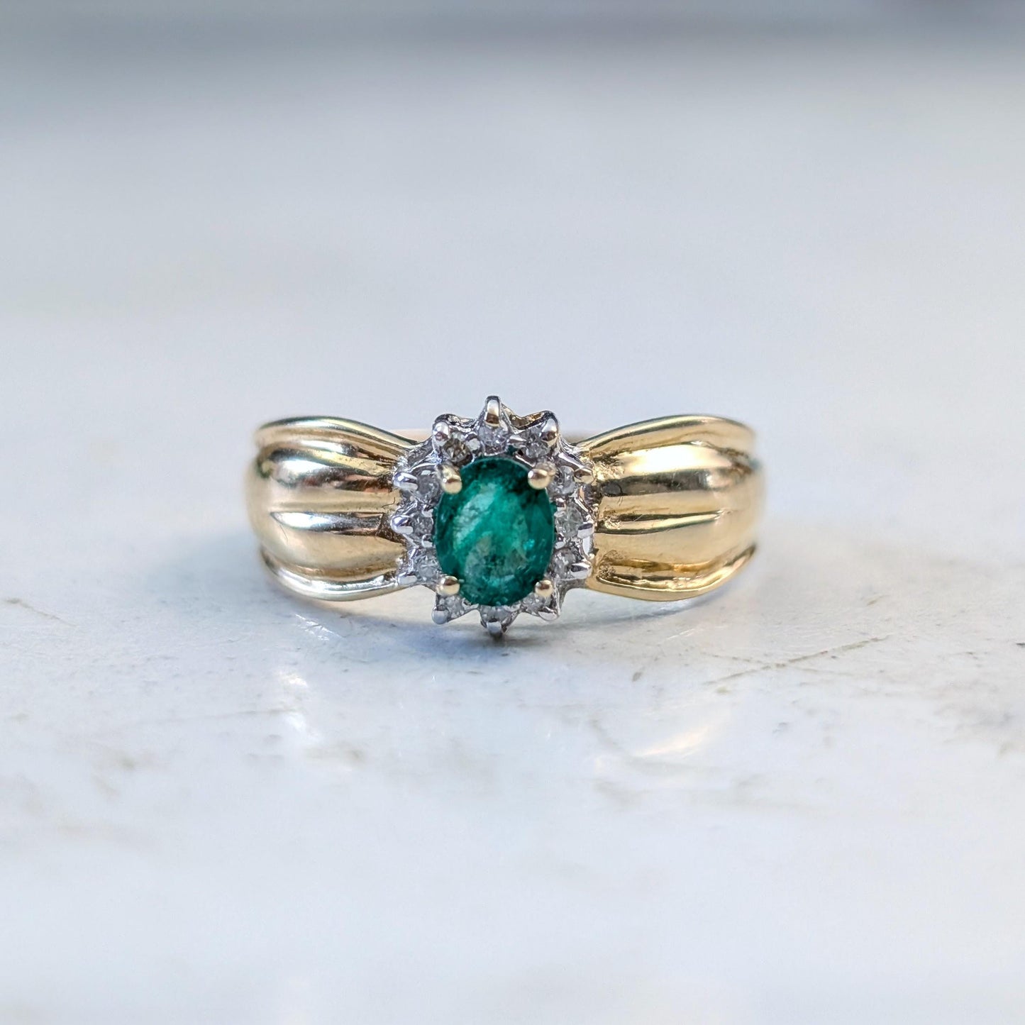 Estate 14k Emerald & Diamond Cluster Ring