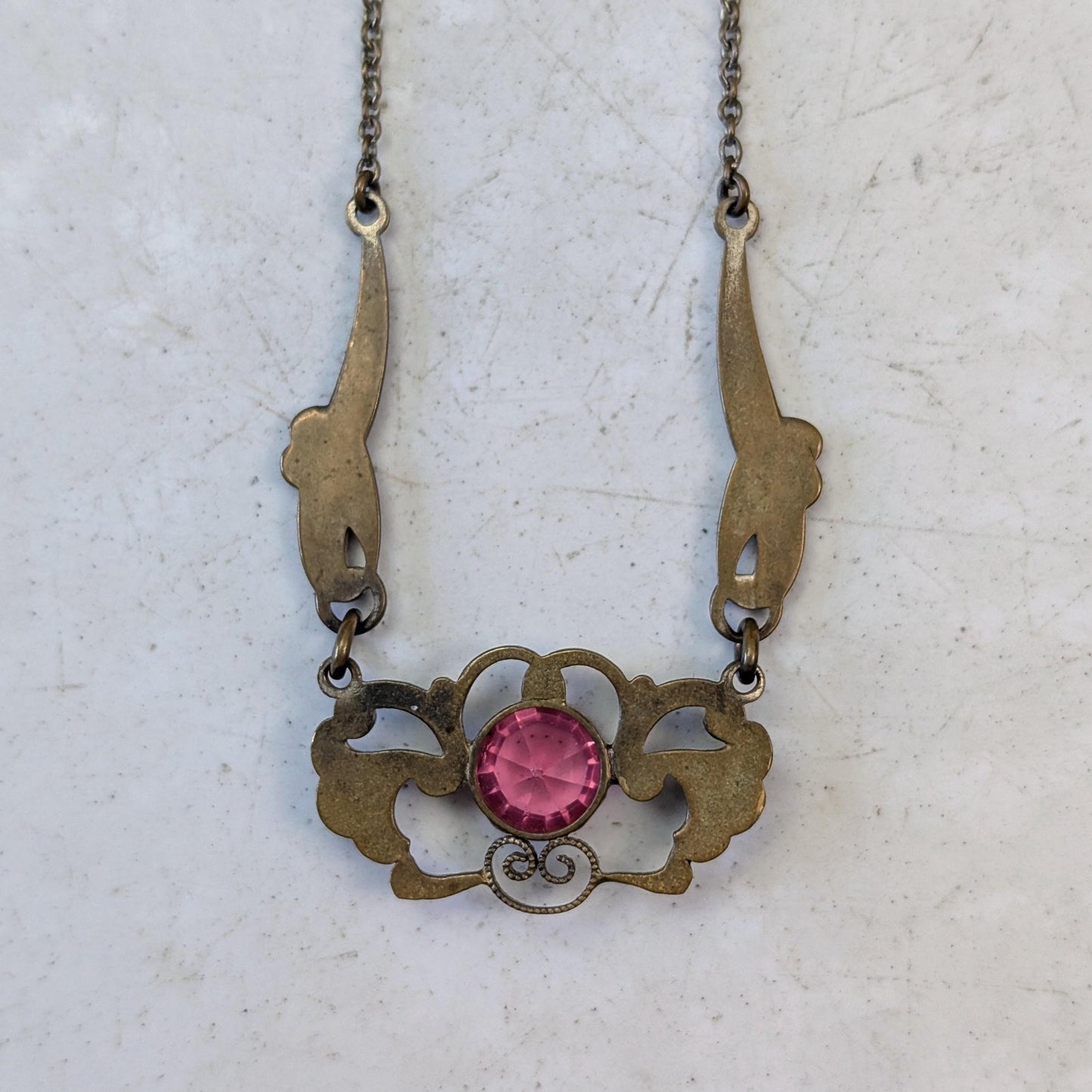 Antique Art Nouveau Brass & Pink Gem Necklace