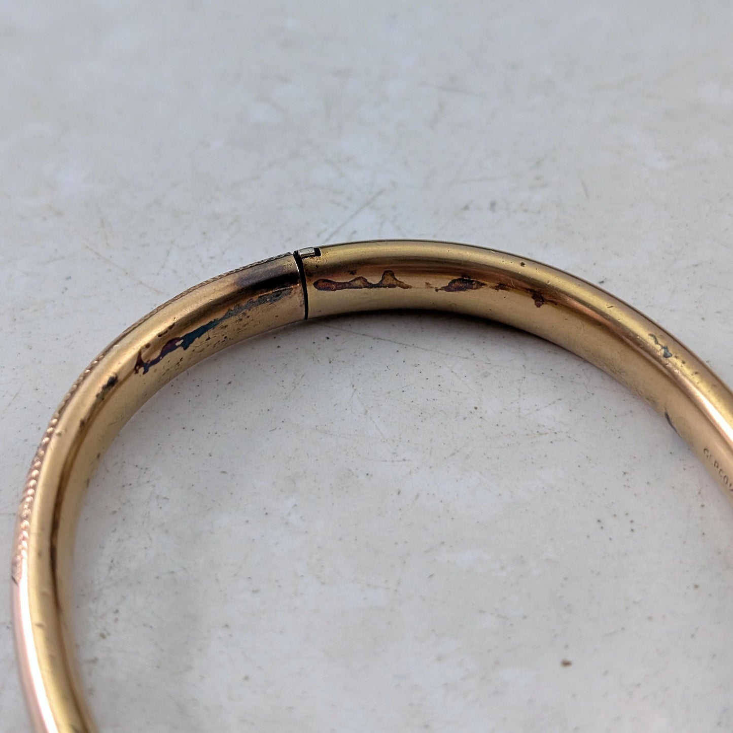 Antique Gold Filled Black Enamel Floral Engraved Bangle Bracelet