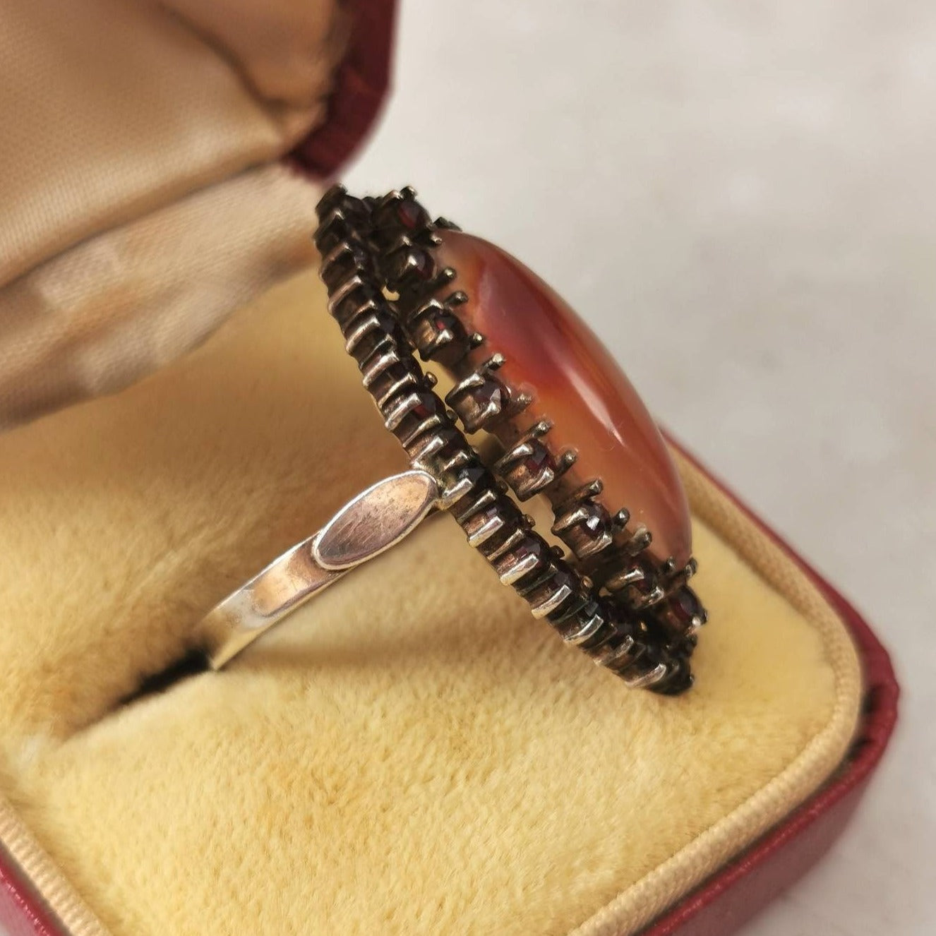Bohemian 900 Silver Rose Cut Garnet Navette Ring