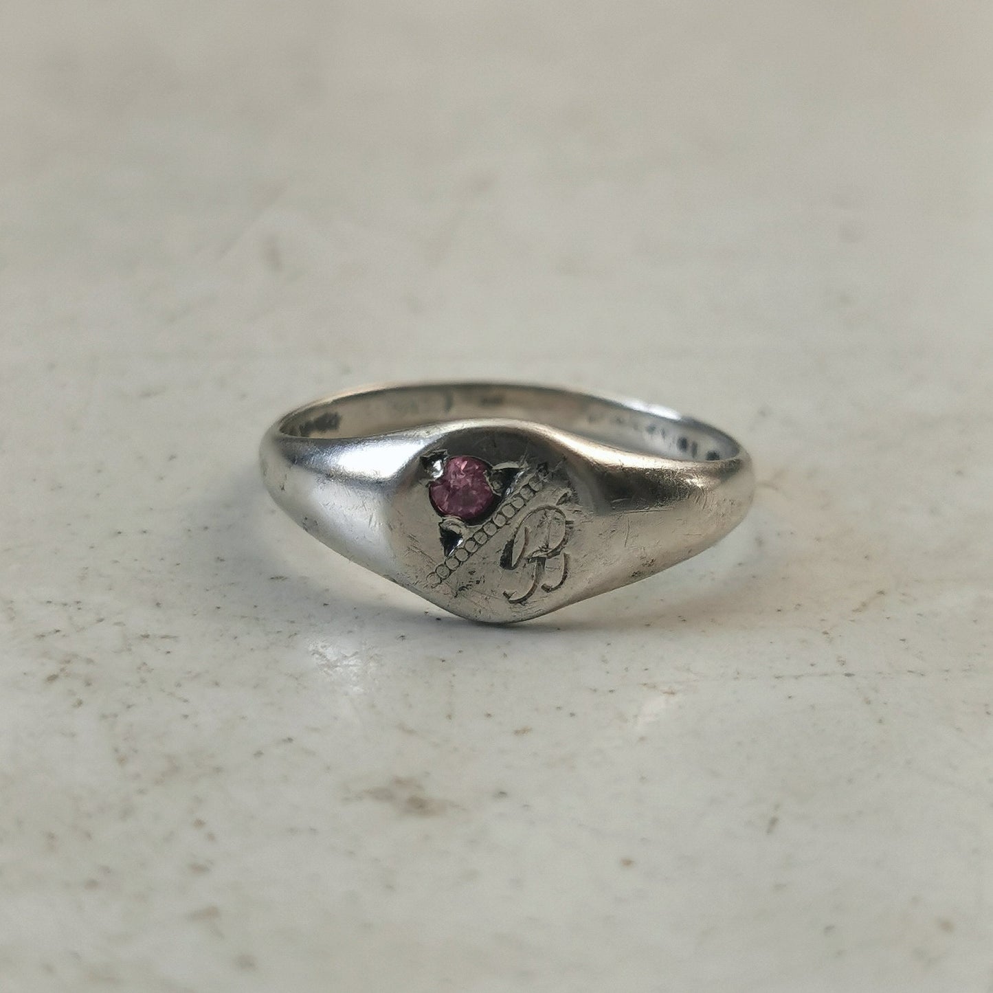 Vintage Sterling Silver Signet Pinky Ring - Initial B with Pink Gem