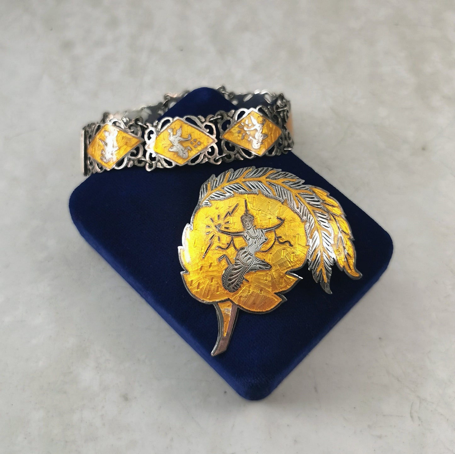 Vintage Siam Sterling Silver and Yellow Enamel Set - Fancy Link Bracelet & Brooch Pendant