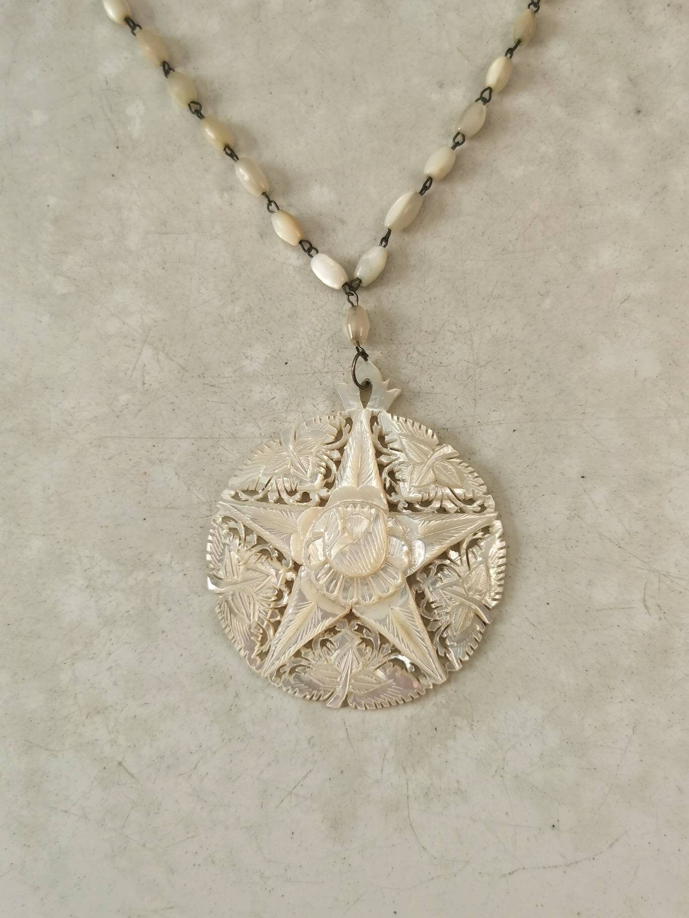 Art Deco Carved Mother of Pearl Pendant Necklace on Beaded Chain