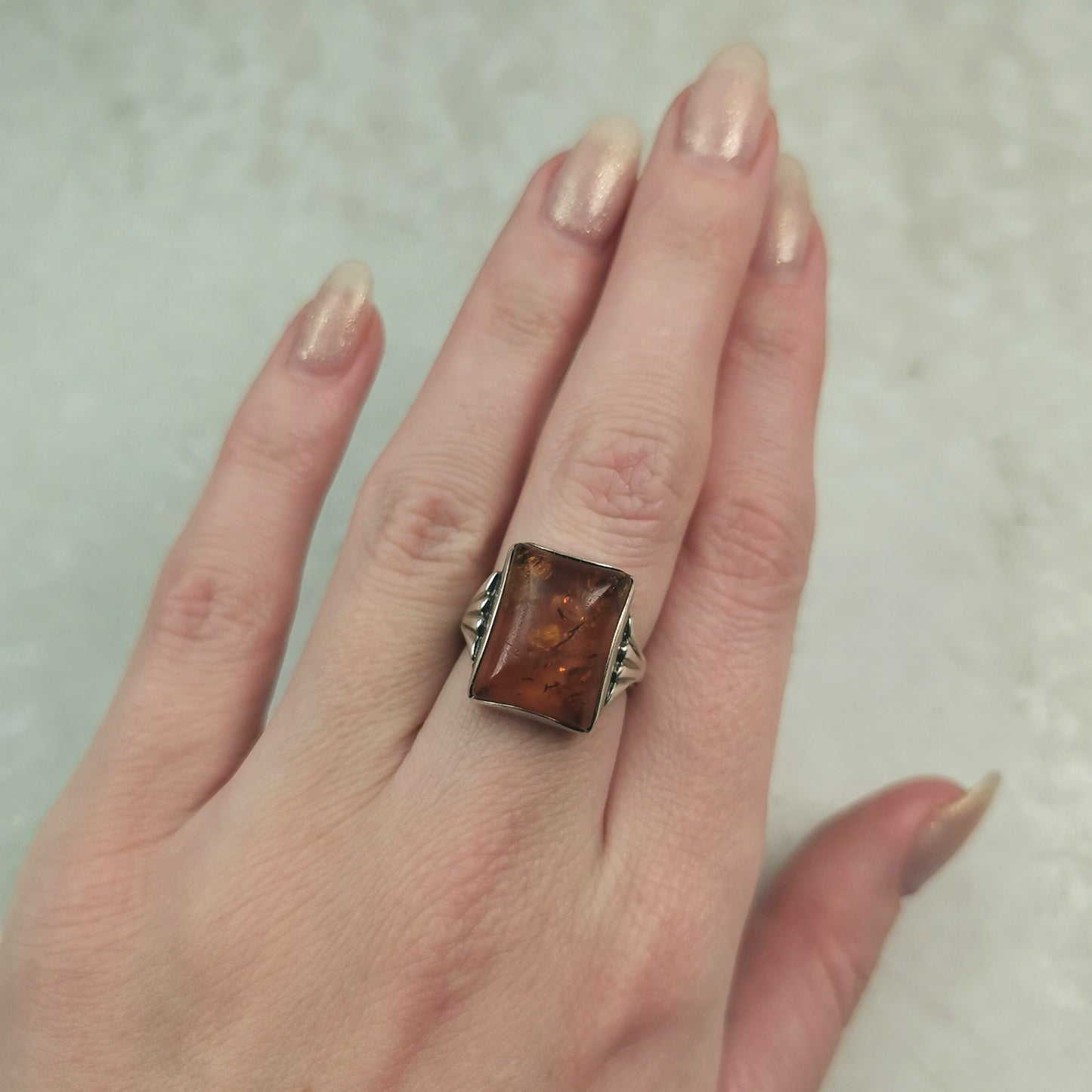 Vintage Sterling Silver Amber Signet Style Ring