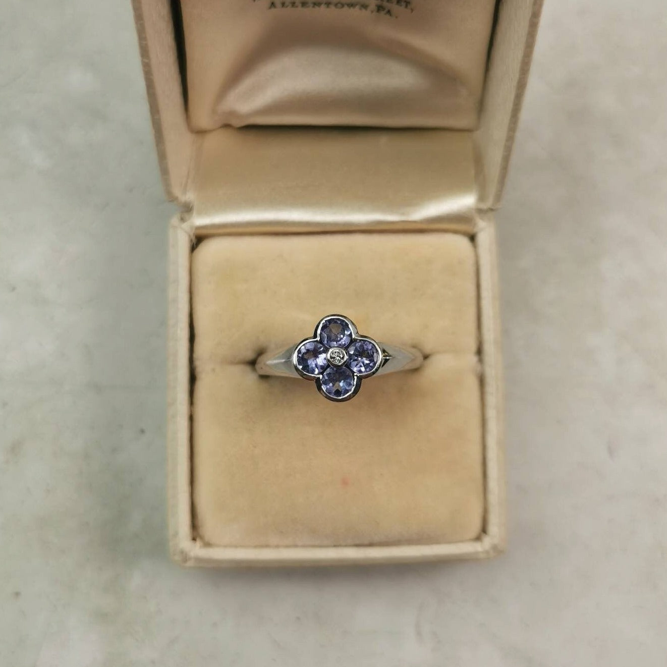 Estate 10k White Gold Tanzanite and Diamond Quatrefoil Flower Ring