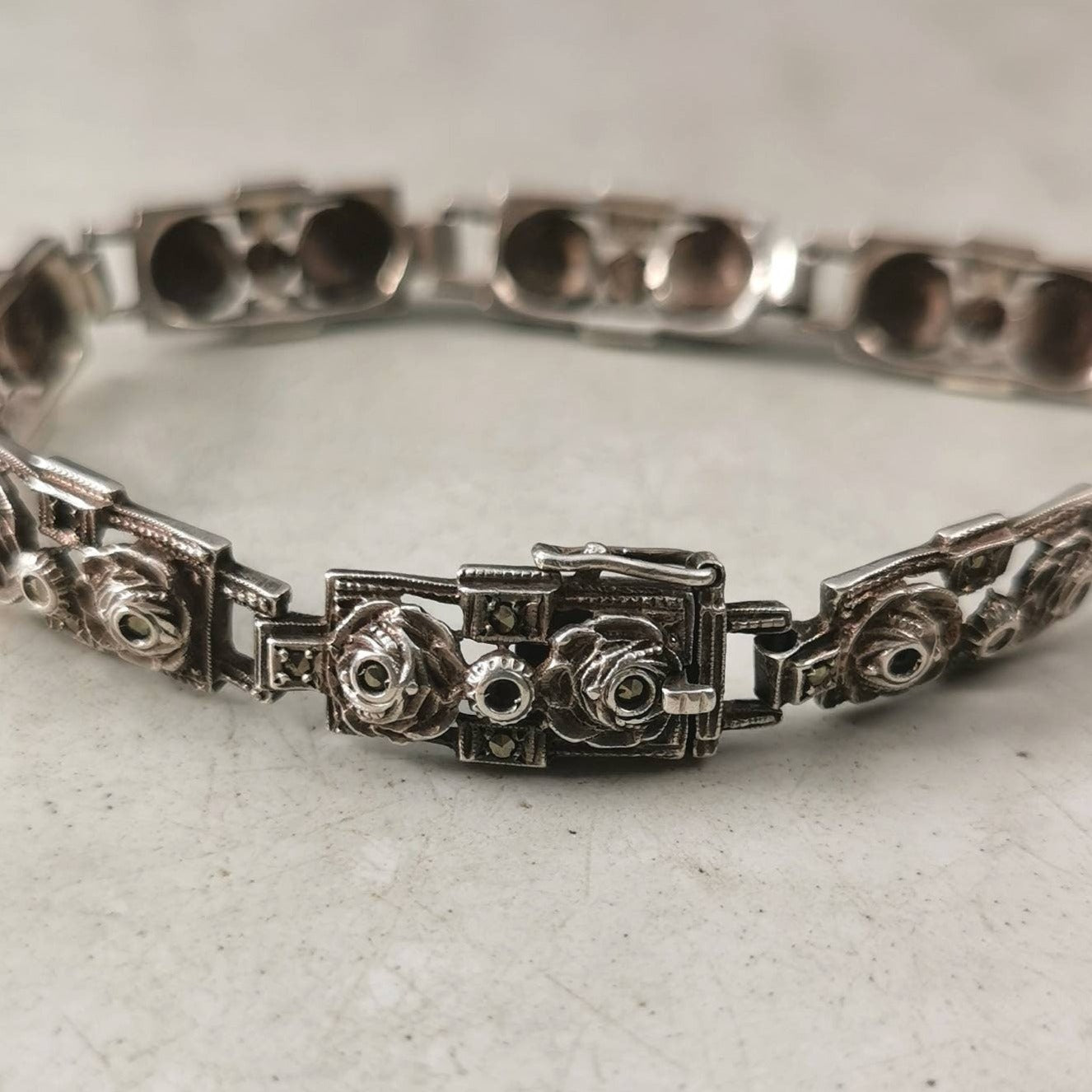 Art Deco Birks Sterling Silver and Marcasite Rose Bracelet