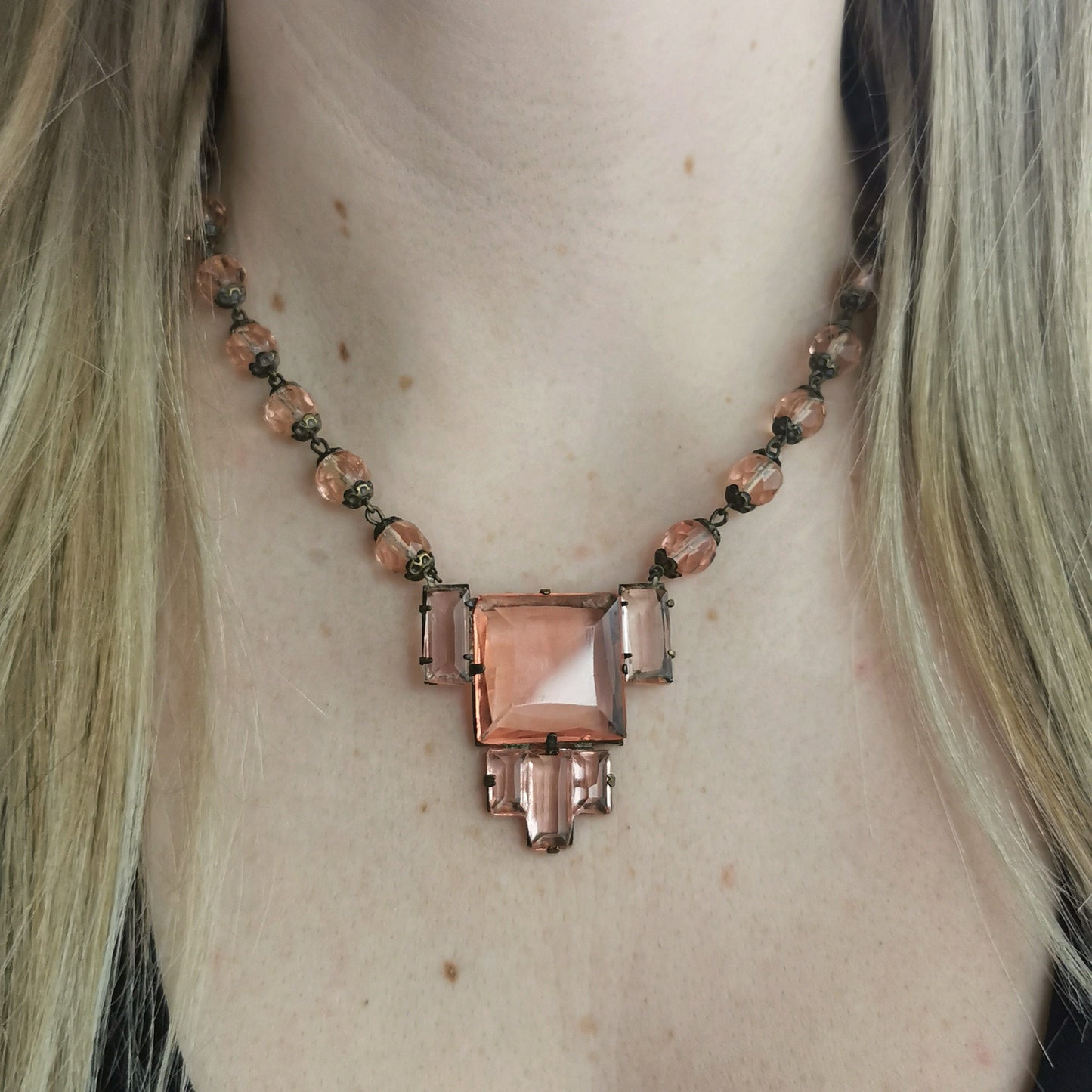 Antique Czech Pink Glass Panel Beaded Necklace