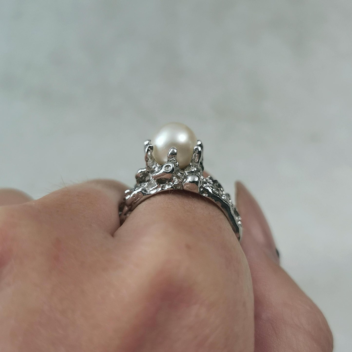 Vintage Mid-century Brutalist Sterling Silver Cultured Pearl Ring