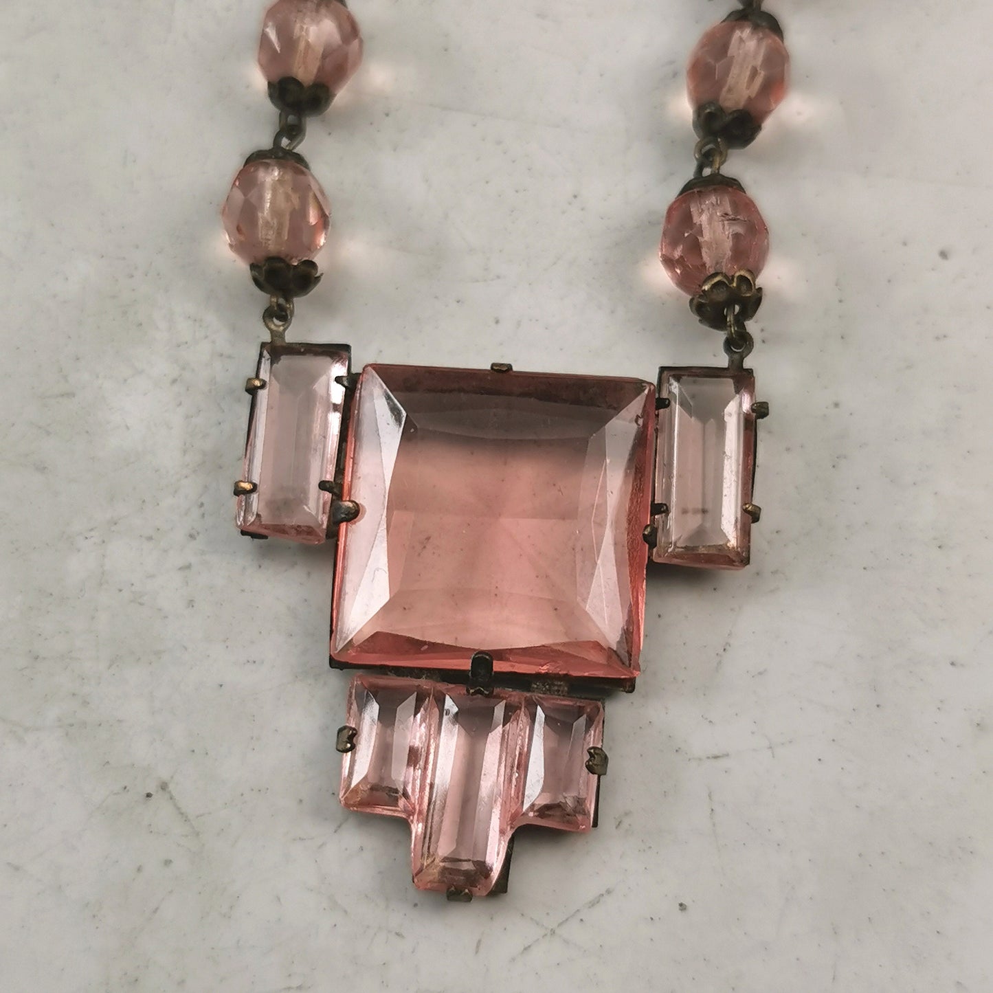Antique Czech Pink Glass Panel Beaded Necklace
