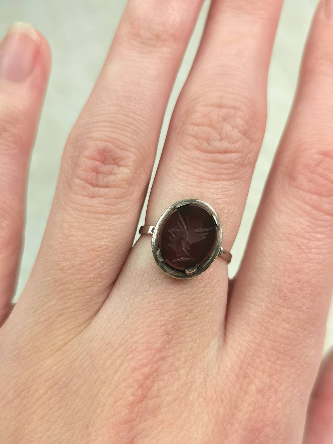 Vintage 835 Silver Carnelian Greek God Hermes Intaglio Ring