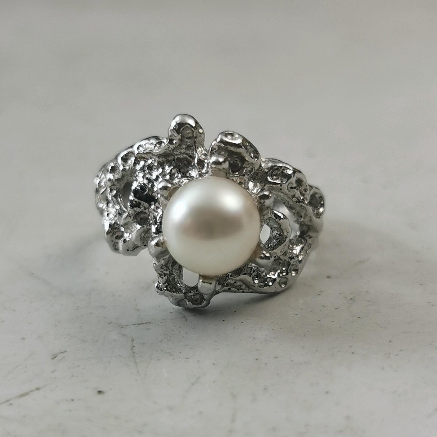 Vintage Mid-century Brutalist Sterling Silver Cultured Pearl Ring