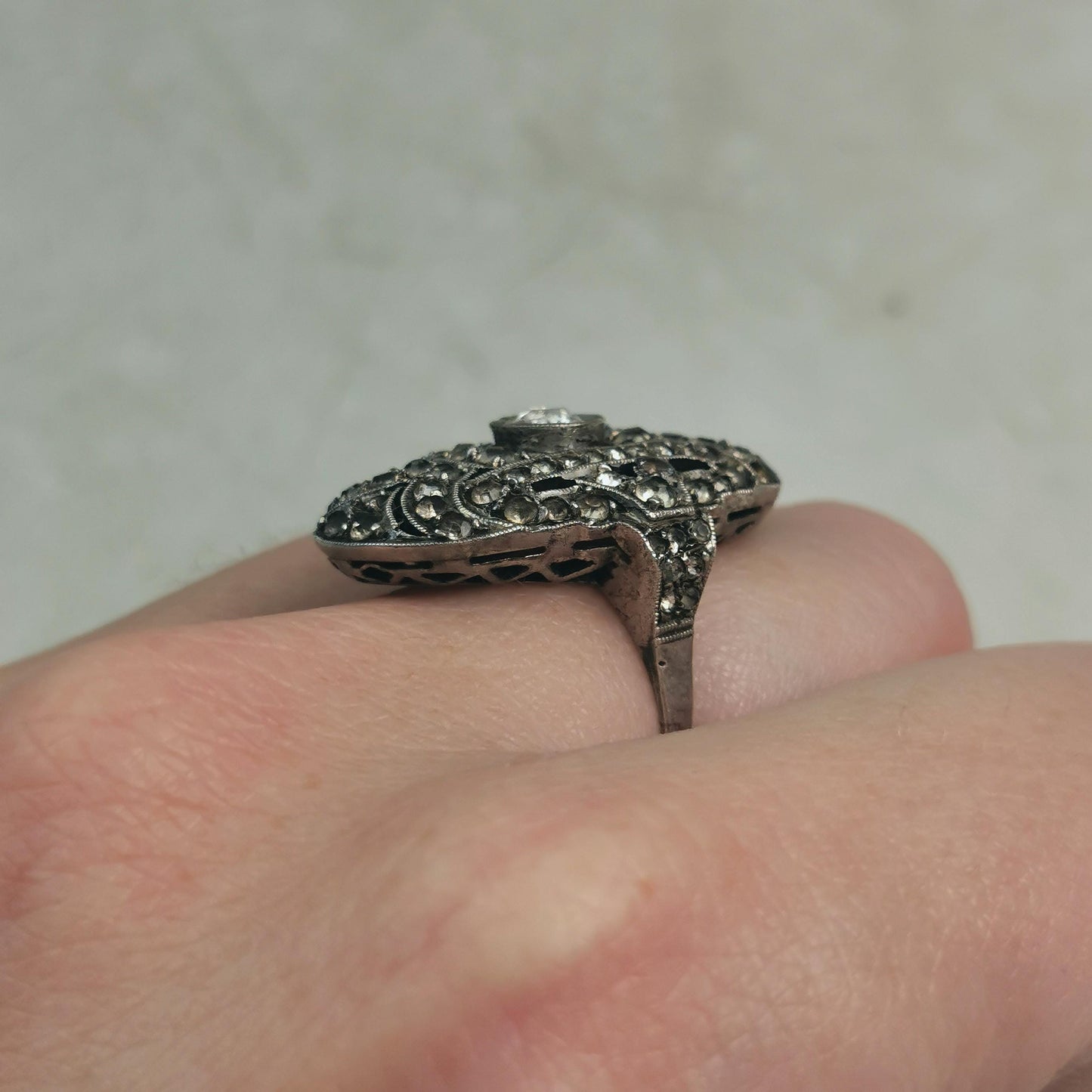 Birks Art Deco Sterling Silver & Paste Large Statement Rhinestone Ring