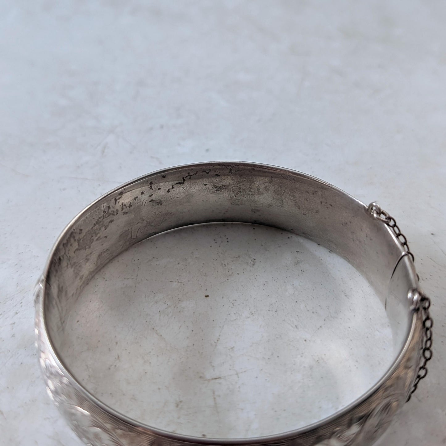 Vintage Sterling Silver Chased Cuff Bracelet with Marquise Cut Lab Ruby