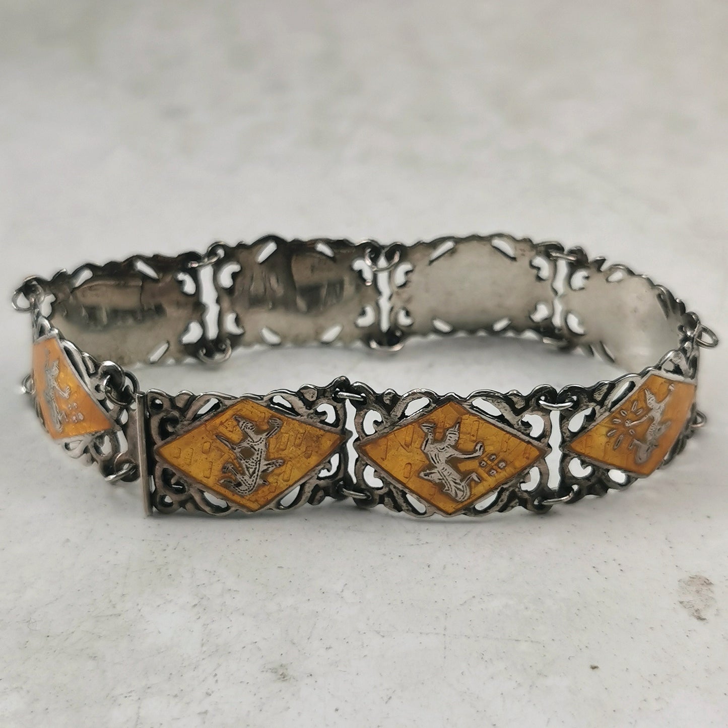 Vintage Siam Sterling Silver and Yellow Enamel Set - Fancy Link Bracelet & Brooch Pendant