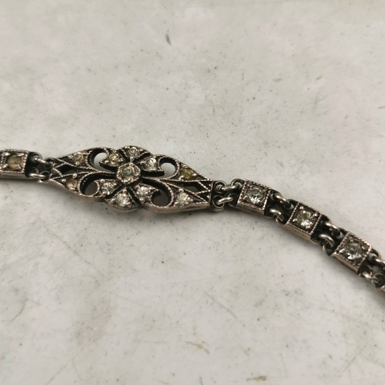 Antique Art Deco Sterling Silver & Paste Rhinestone Filigree Line Bracelet