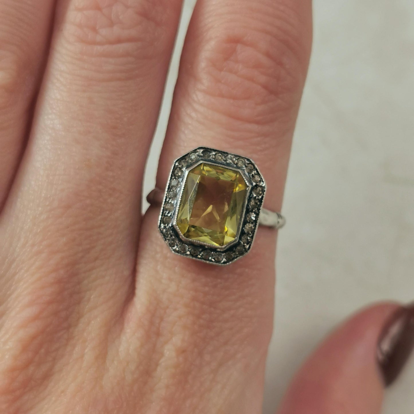 Art Deco Sterling Silver Uranium Glass Ring