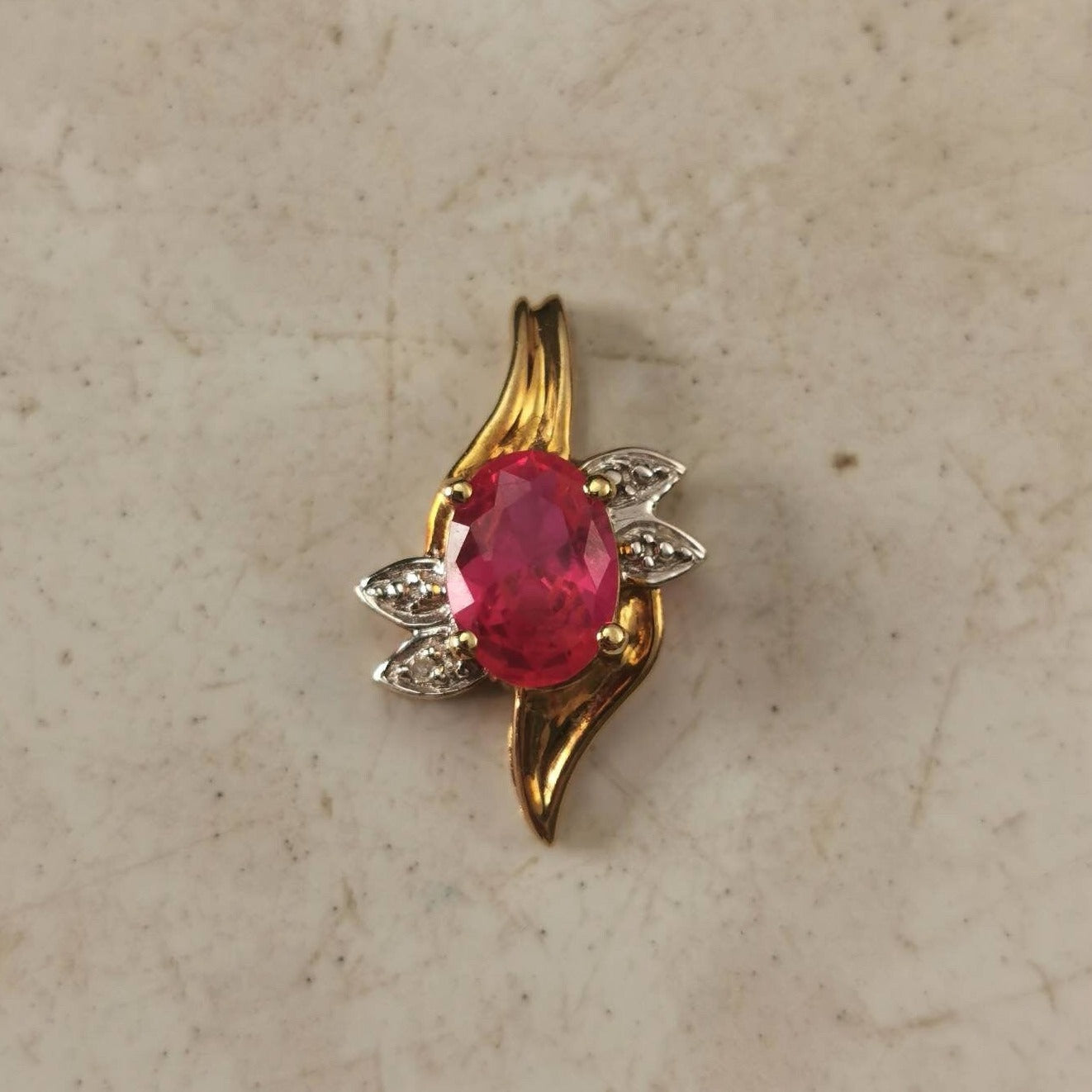 Estate 10k Yellow Gold Lab Ruby and Diamond Ring and Pendant Set