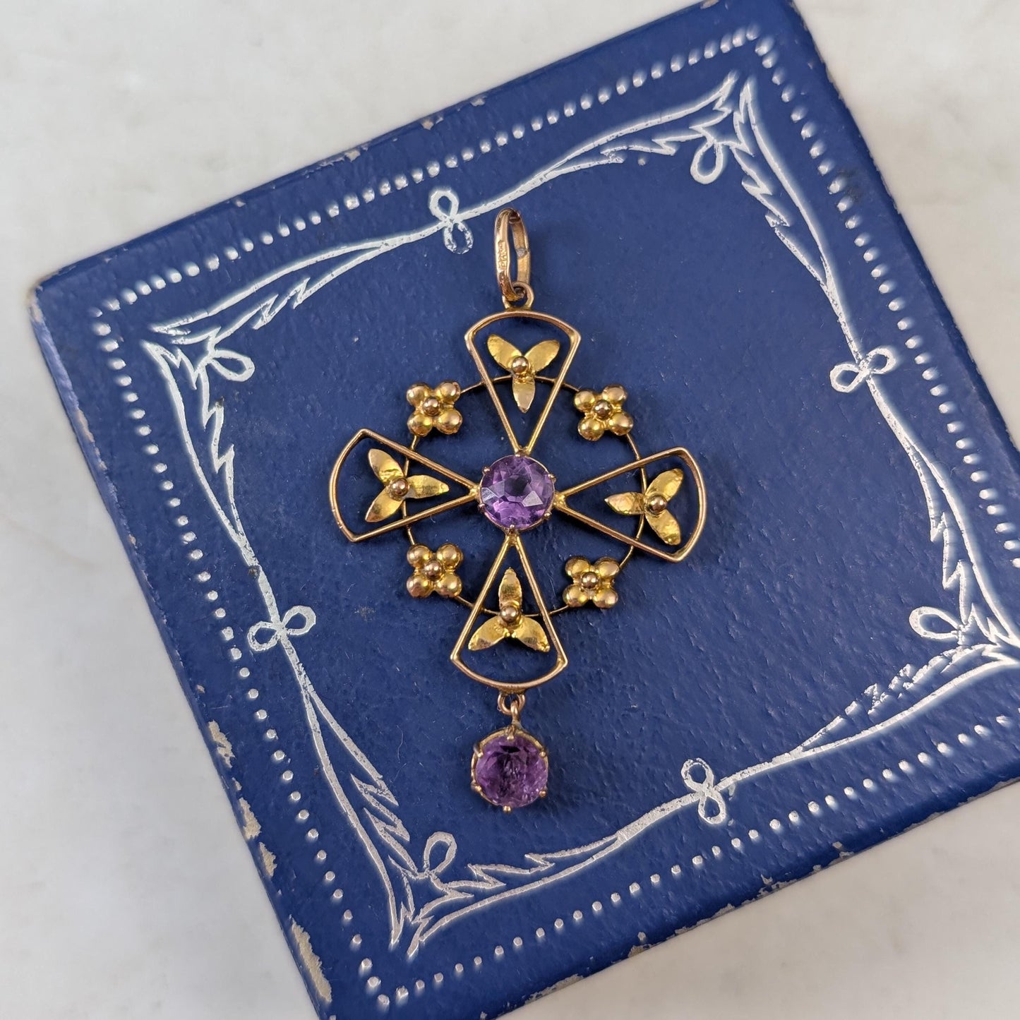 Antique Edwardian 10k Yellow Gold Amethyst Lavalier Pendant