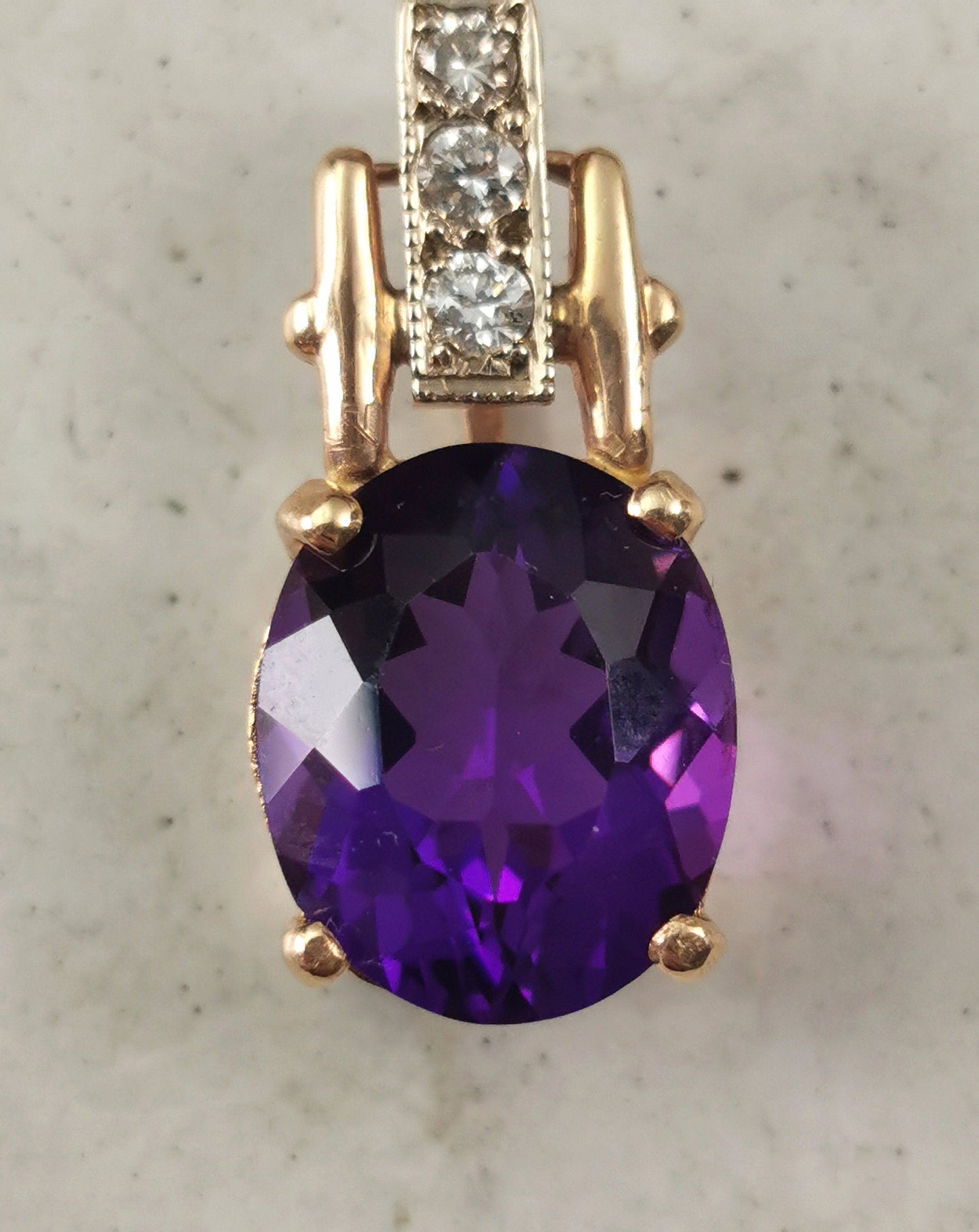 Vintage Large 14k Yellow and White Gold Amethyst and Diamond Pendant