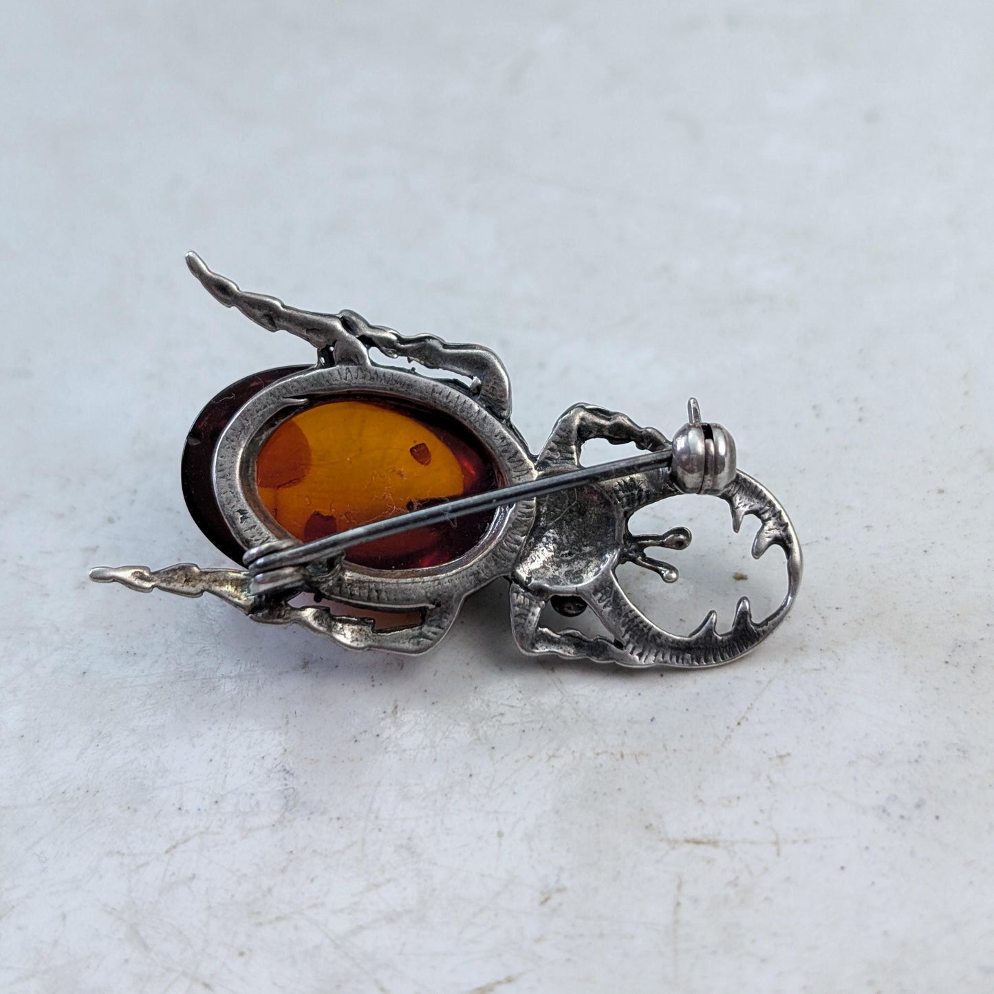 Vintage Sterling Silver and Amber Beetle Brooch