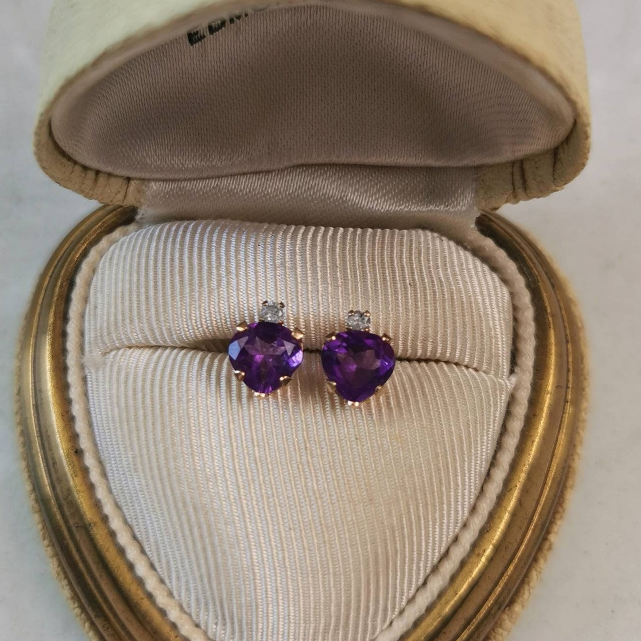 Estate 10k Yellow Gold Amethyst Heart and Diamond Studs