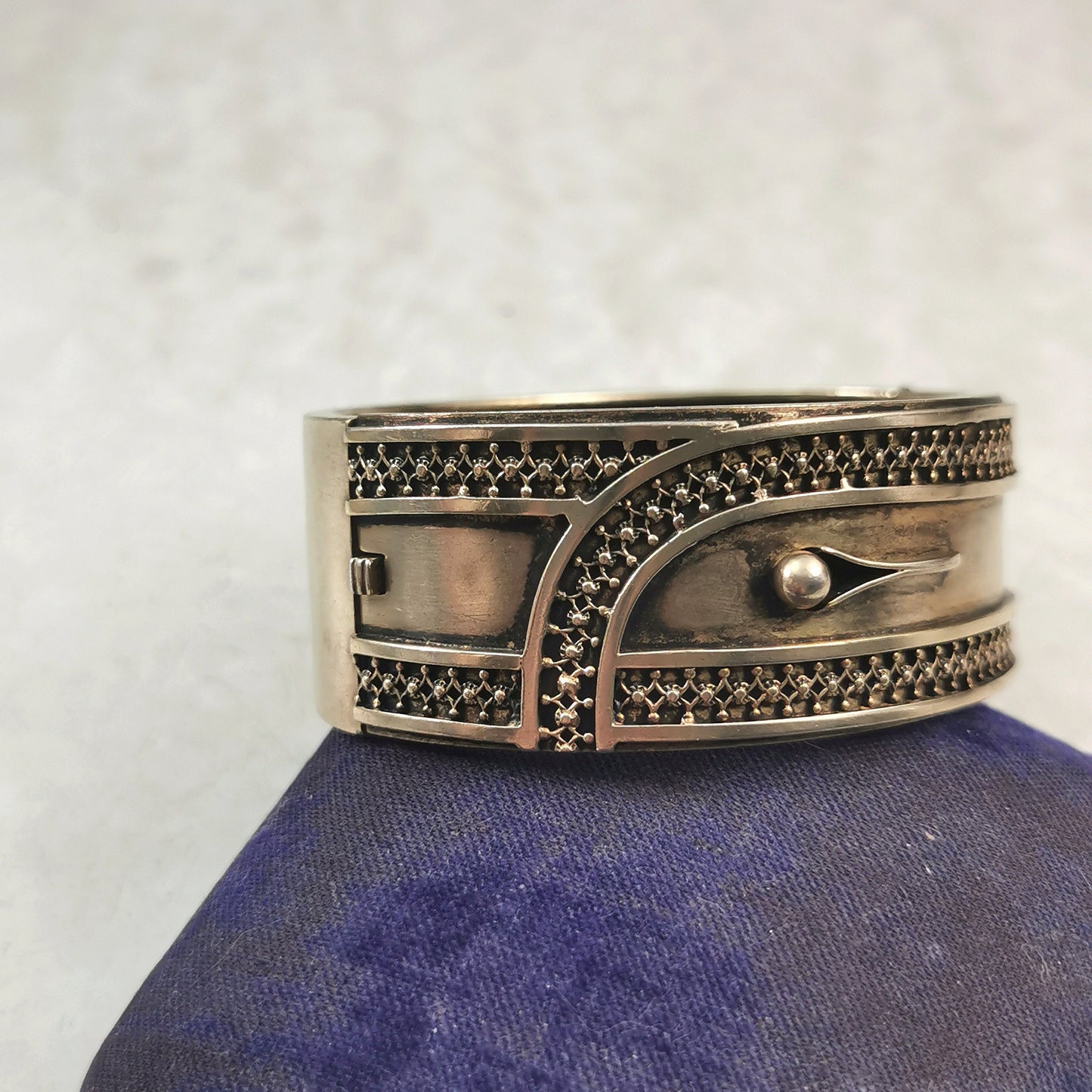 Antique Victorian Gold Filled Estrucan Revival Buckle Cuff Bracelet