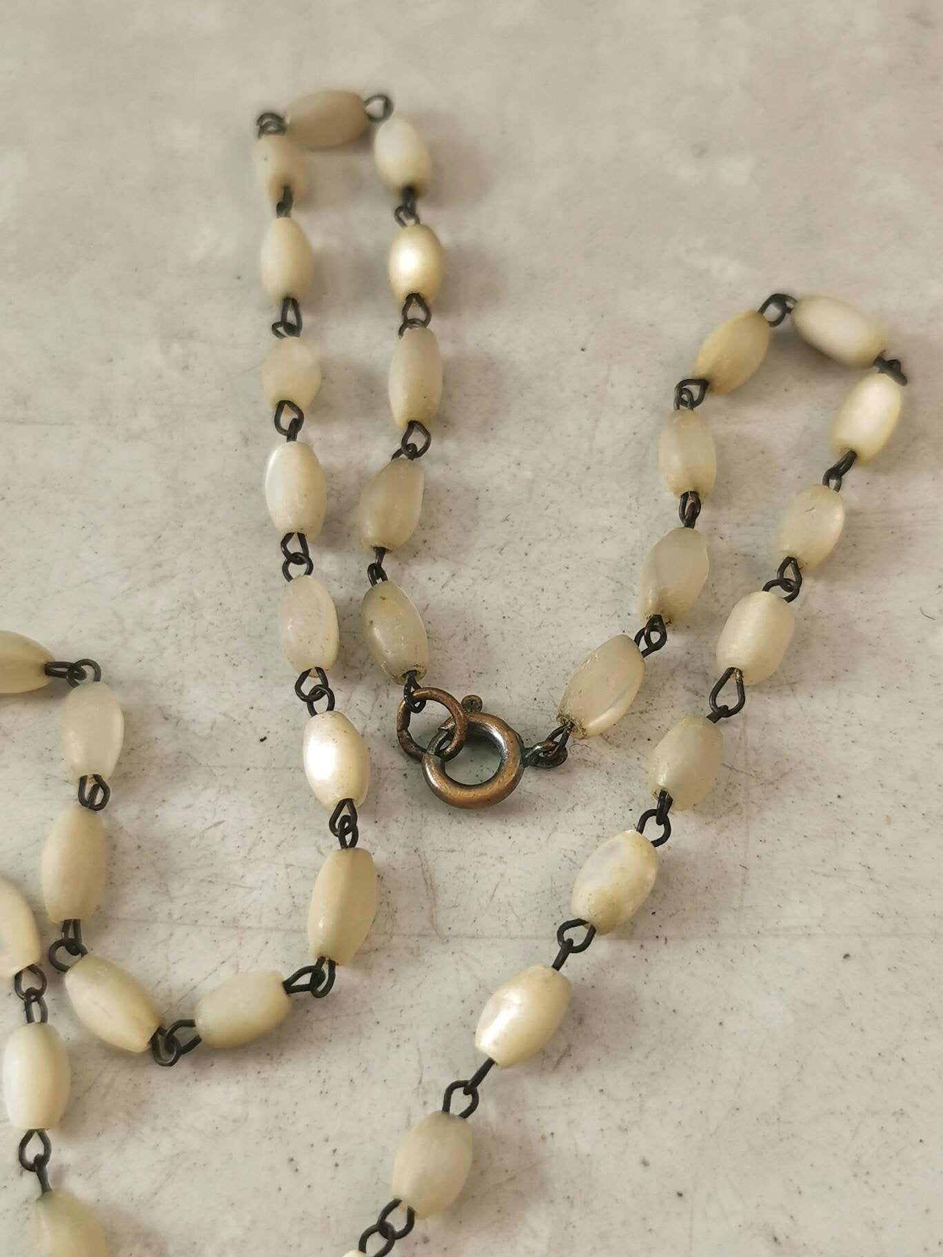 Art Deco Carved Mother of Pearl Pendant Necklace on Beaded Chain