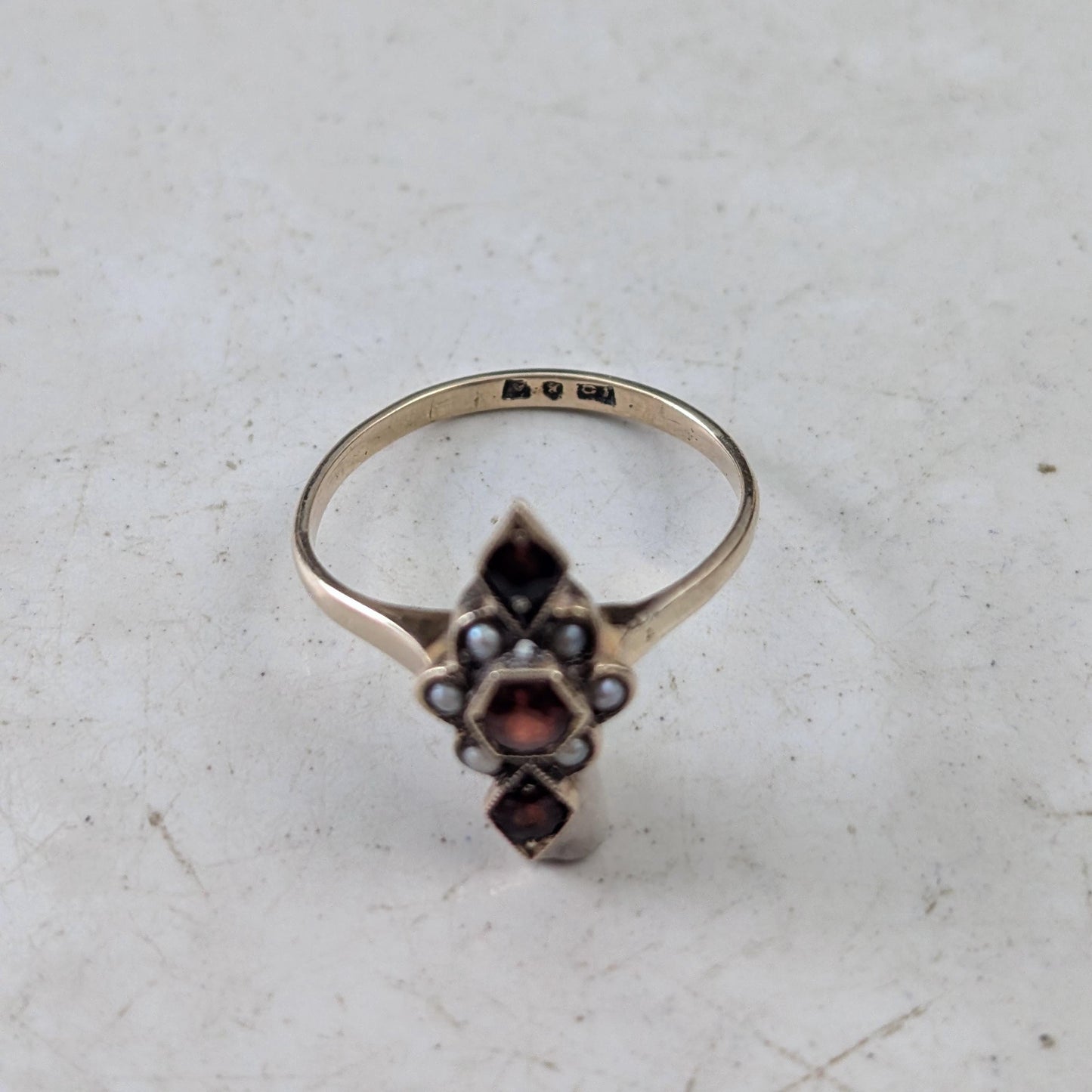Art Deco 10k Yellow Gold Garnet and Seed Pearl Ring