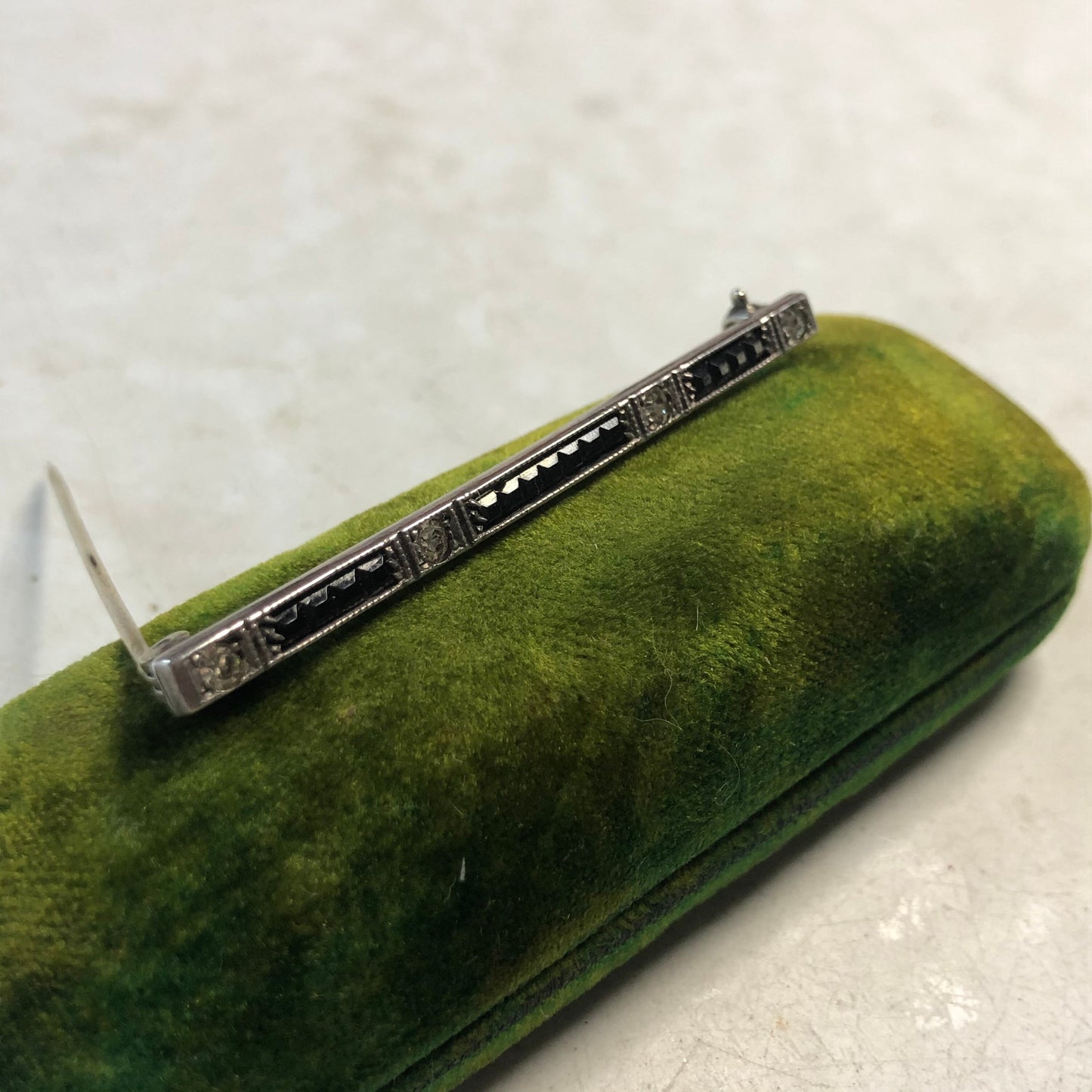 Art Deco Sterling Silver and Carré Cut Paste Stones Bar Brooch