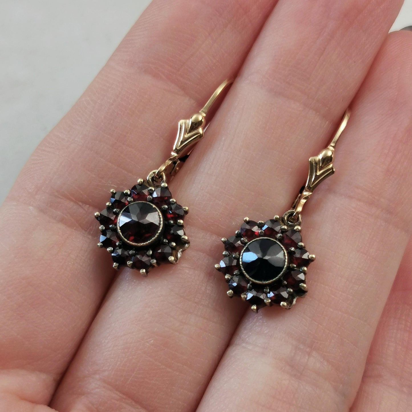 Vintage Bohemian Garnet Lever Back Earrings - Sterling Silver & 14k Gold Filled