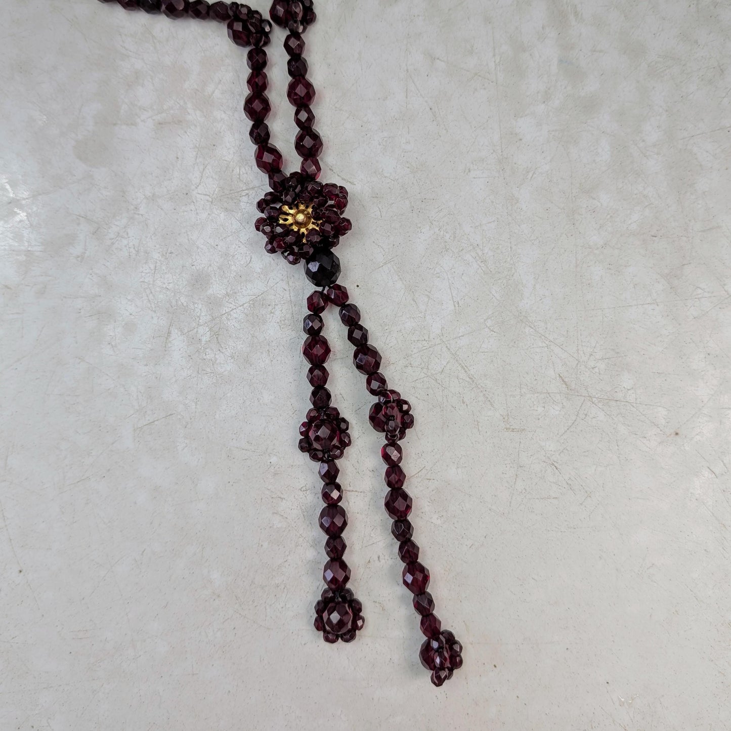 Vintage Miriam Haskell Ruby Faceted Glass Lariat Necklace
