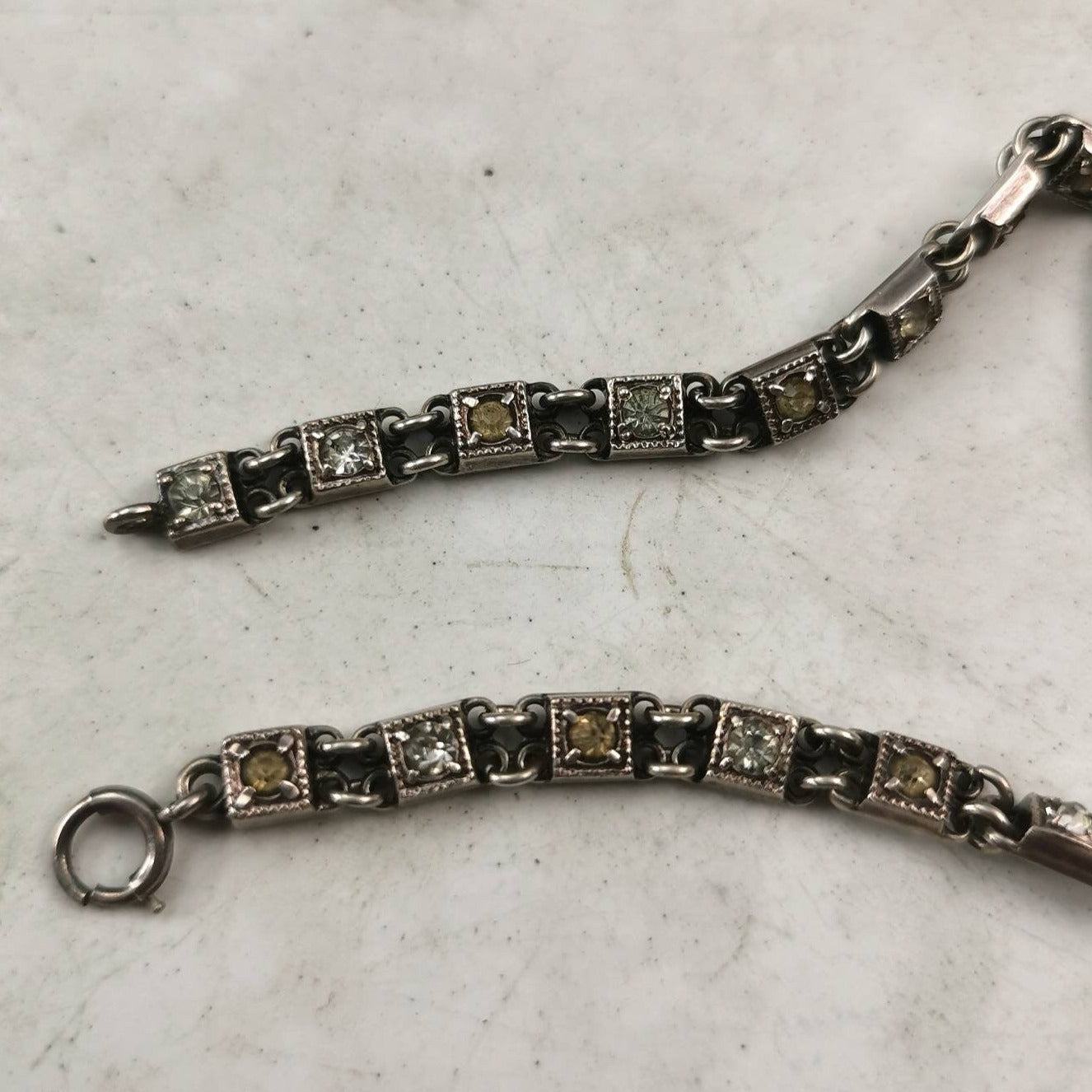 Antique Art Deco Sterling Silver & Paste Rhinestone Filigree Line Bracelet