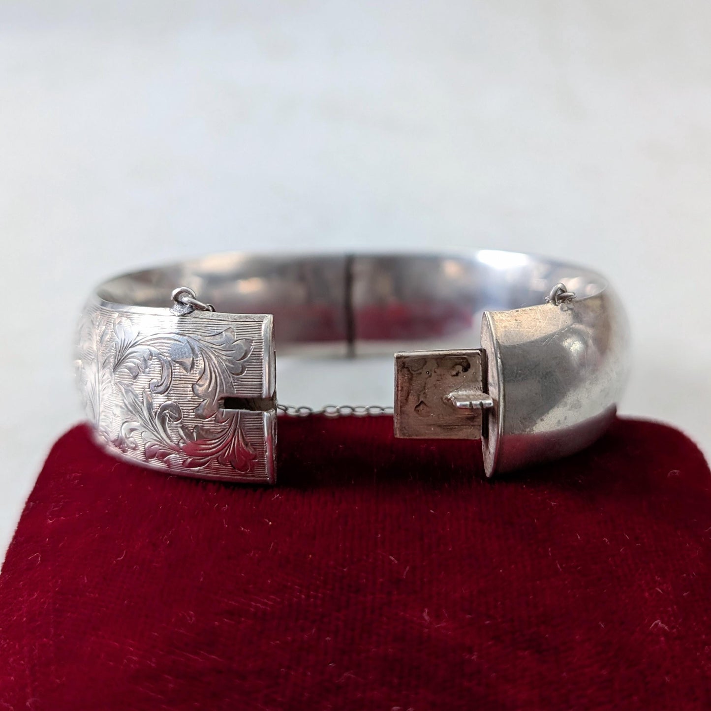 Vintage Sterling Silver Chased Cuff Bracelet with Marquise Cut Lab Ruby