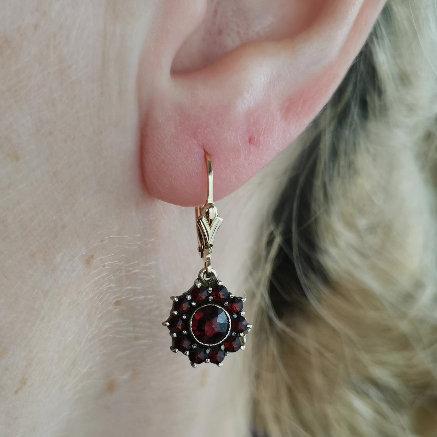 Vintage Bohemian Garnet Lever Back Earrings - Sterling Silver & 14k Gold Filled