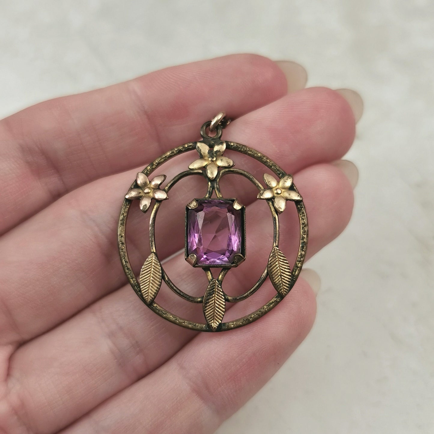 Antique Edwardian Gold Fill on Brass Necklace - Paste Amethyst Lavaliere Necklace - 17.5"