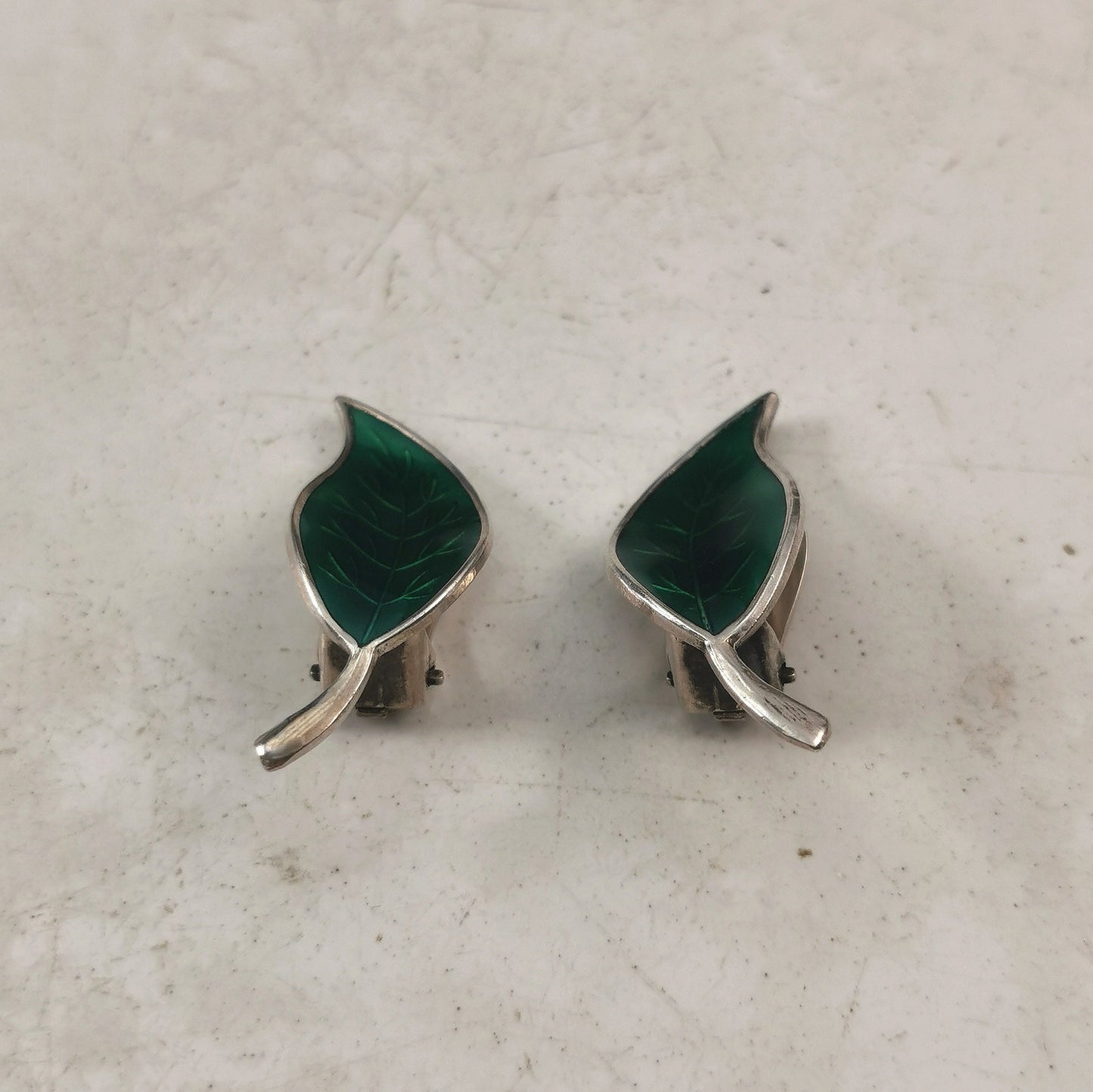 Vintage Meka Denmark Sterling Silver Green Enamel Leaf Ear Clips