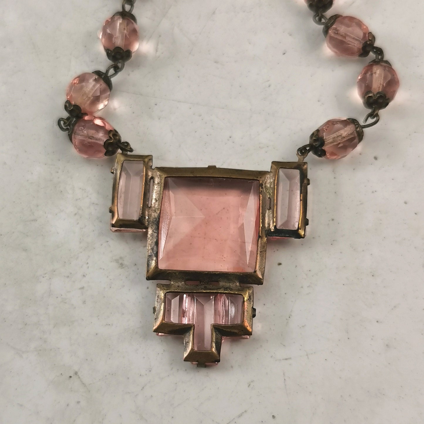 Antique Czech Pink Glass Panel Beaded Necklace