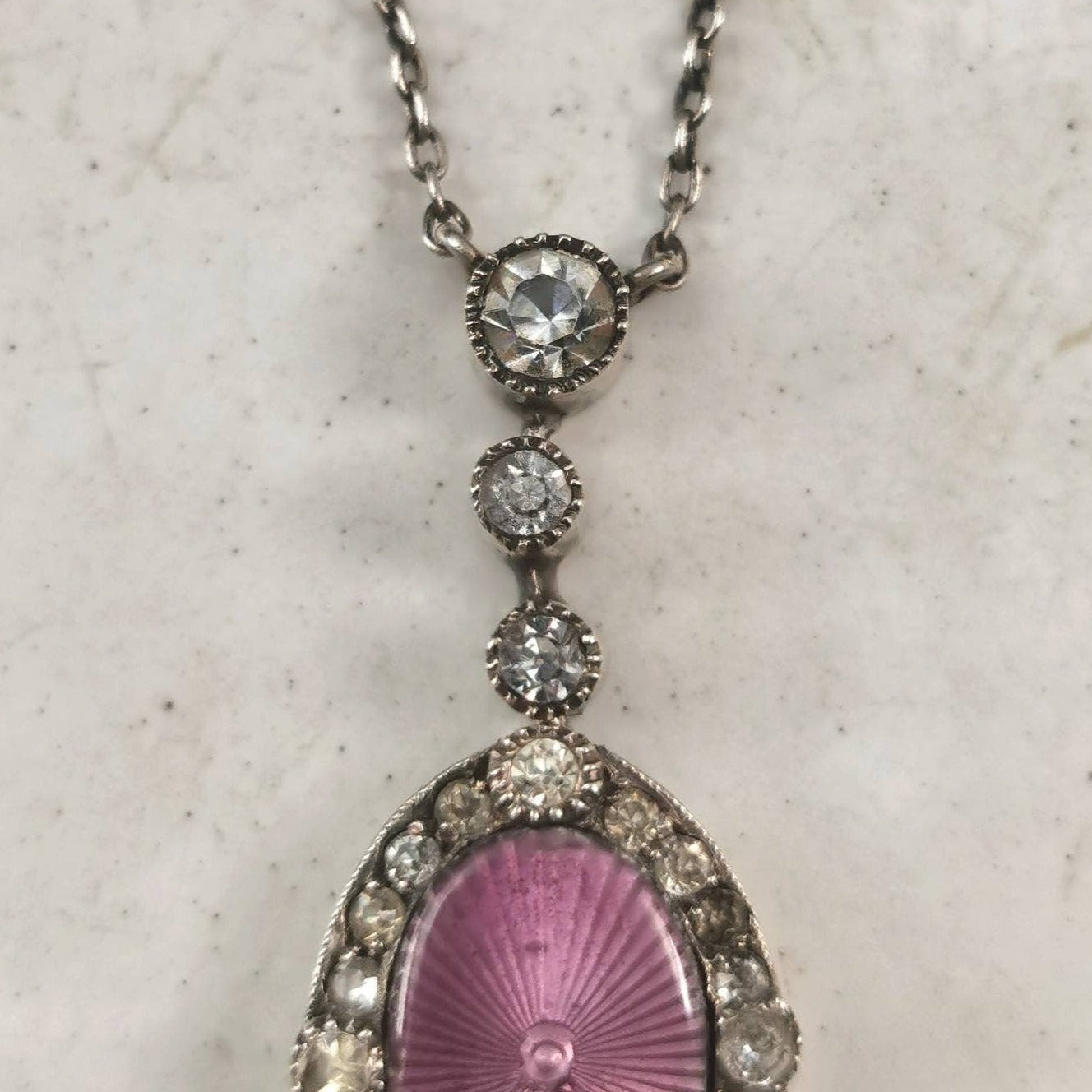 Vintage Sterling Silver Guilloché Enamel & Rhinestone Lavalier