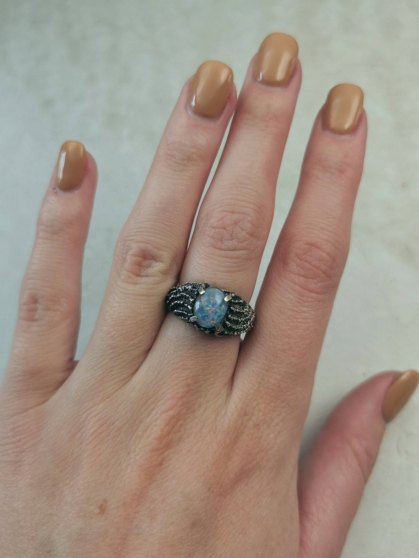Vintage Mid-century Brutalist Opal Triplet Ring in Sterling Silver