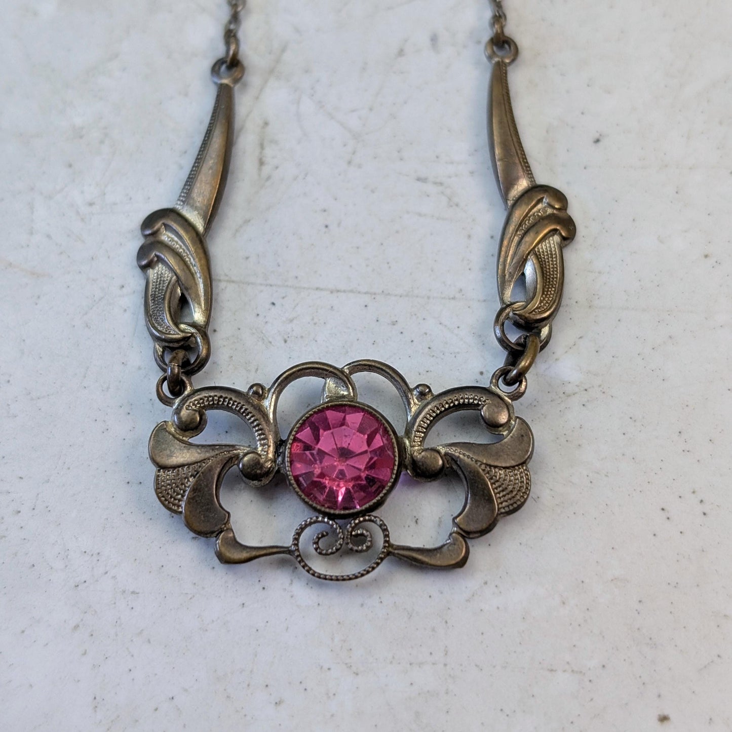 Antique Art Nouveau Brass & Pink Gem Necklace