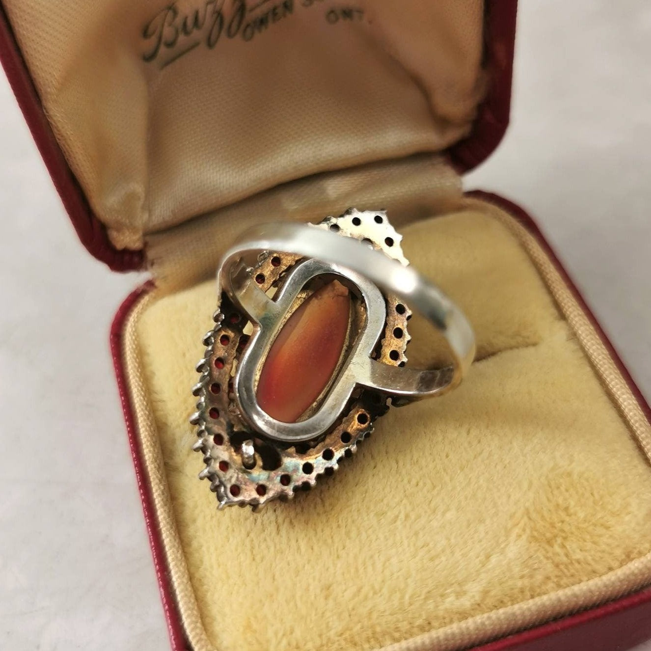 Bohemian 900 Silver Rose Cut Garnet Navette Ring