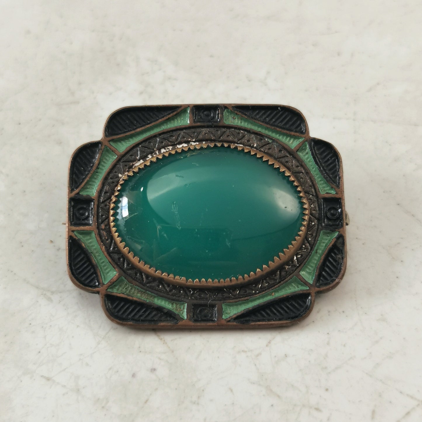 Art Deco Chrysoprase Glass Ring and Brooch SET